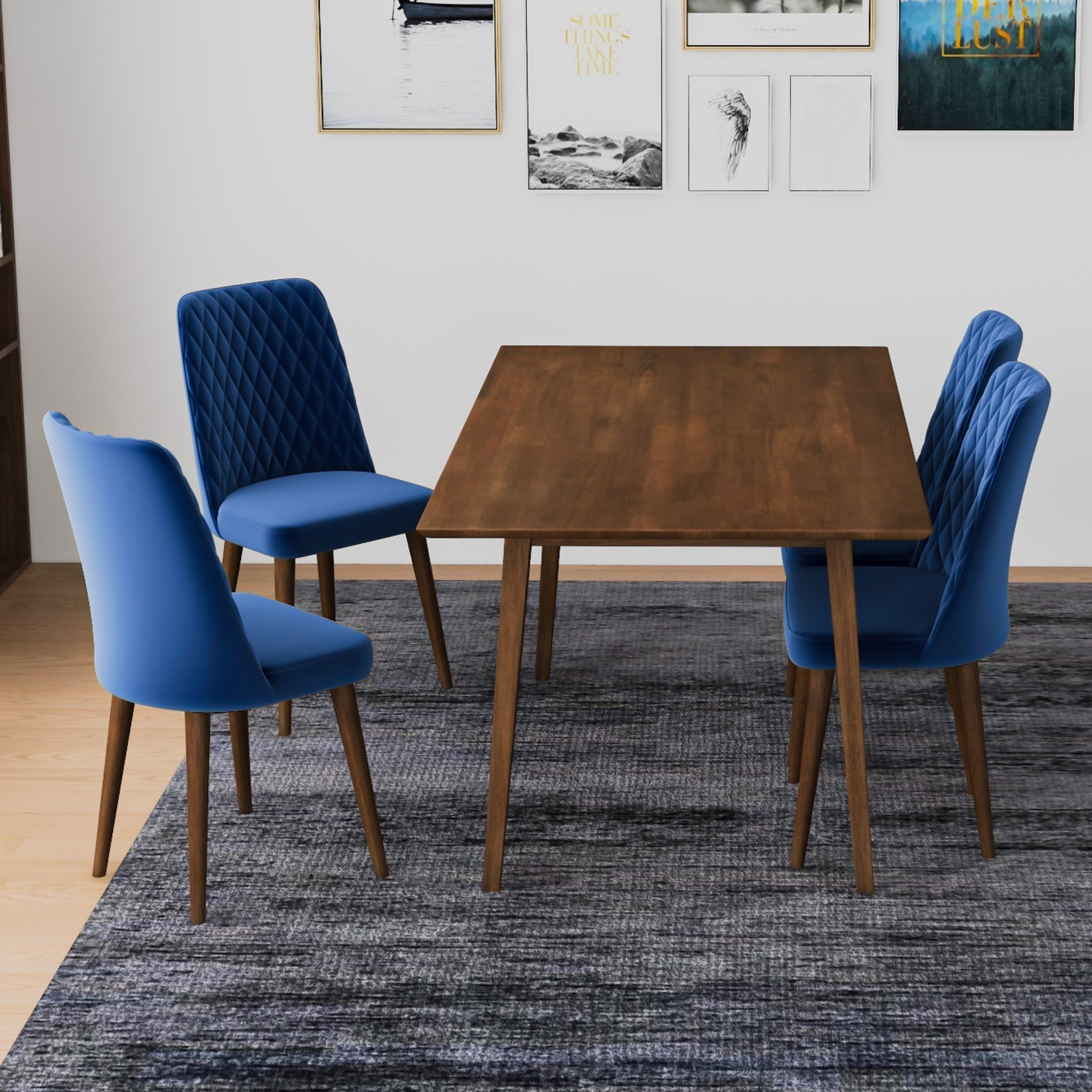 Alpine Large Walnut Dining Set with 4 Evette Blue Velvet Dining Chairs