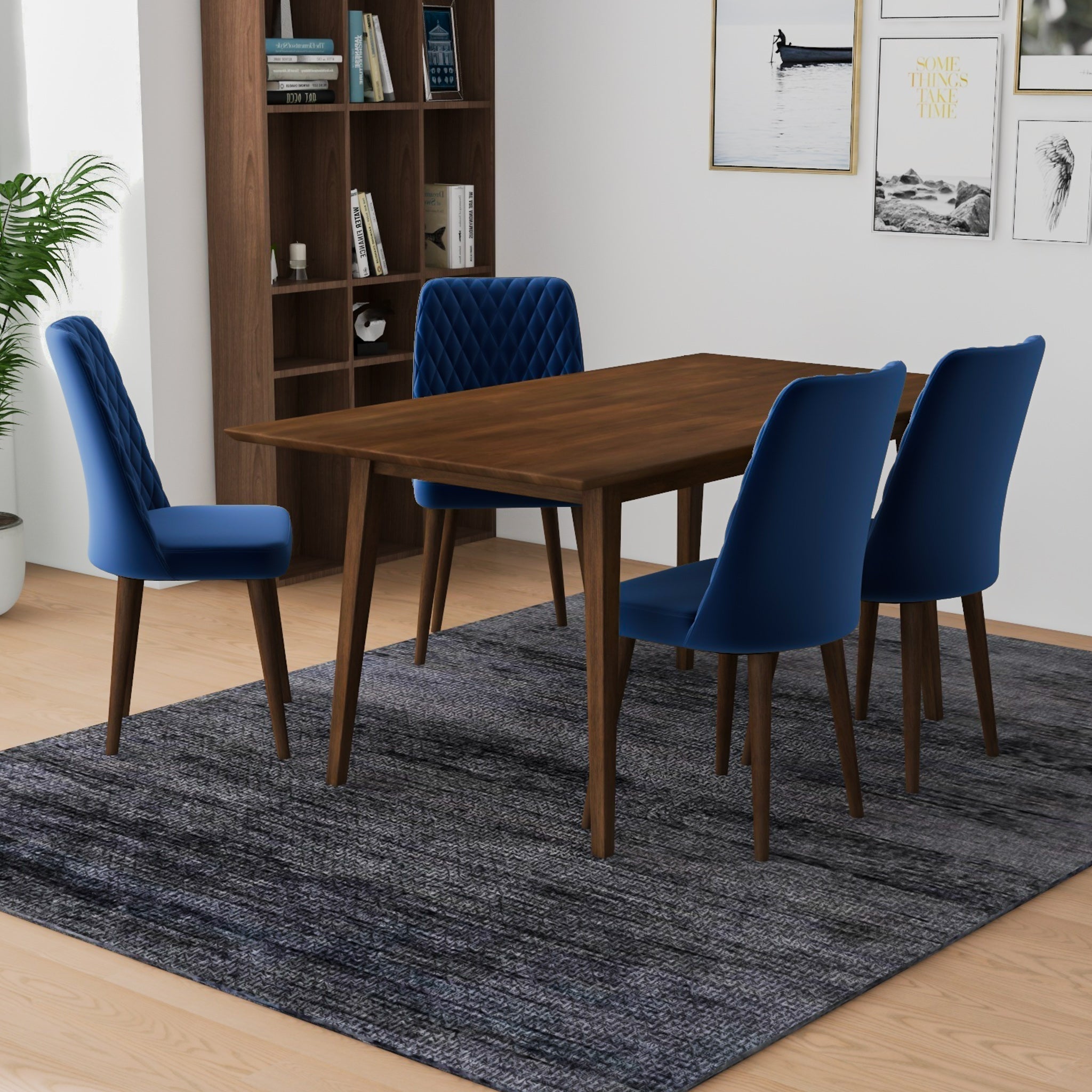 Alpine Large Walnut Dining Set with 4 Evette Blue Velvet Dining Chairs