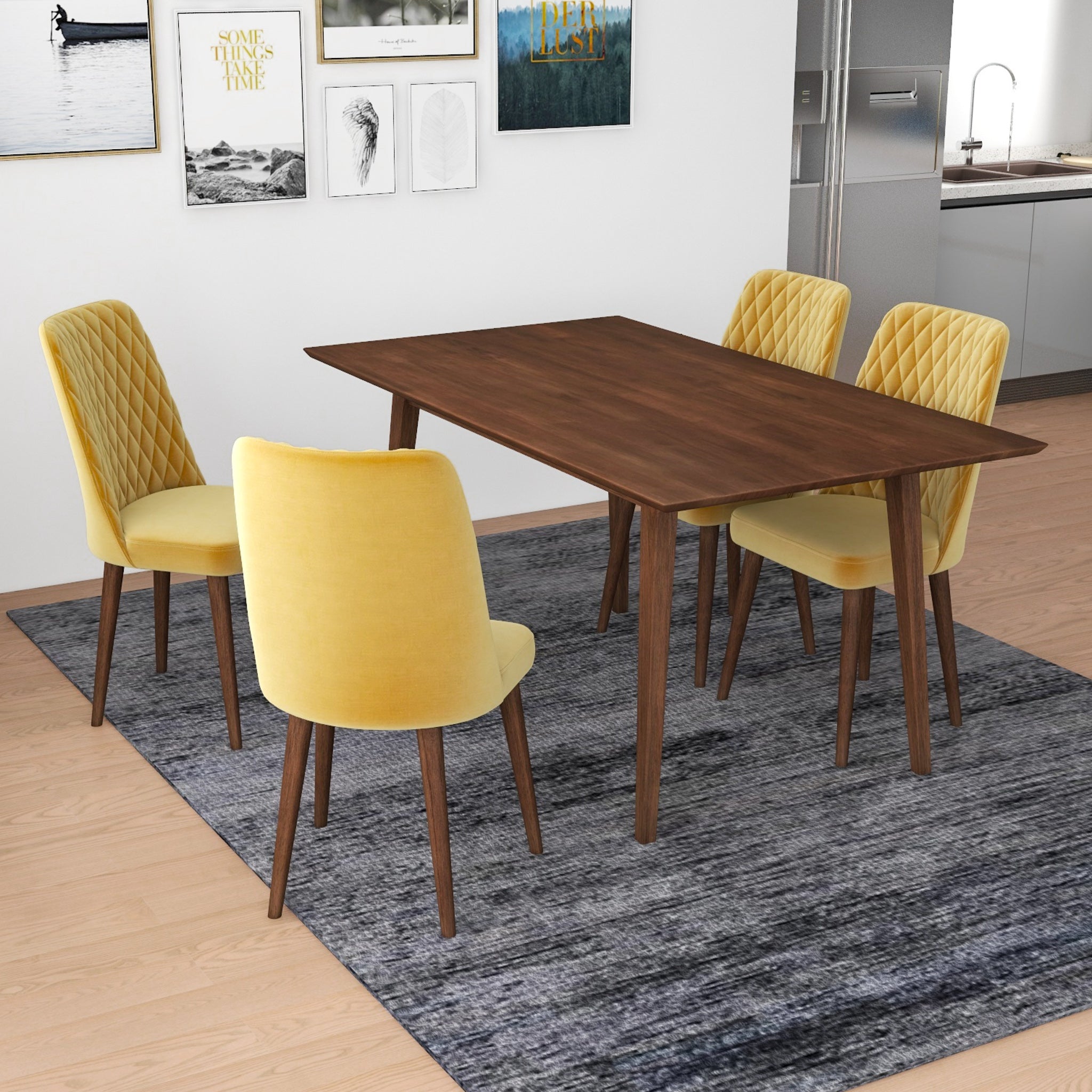 Alpine Large Walnut Dining Set with 4 Evette Gold Velvet Dining Chairs