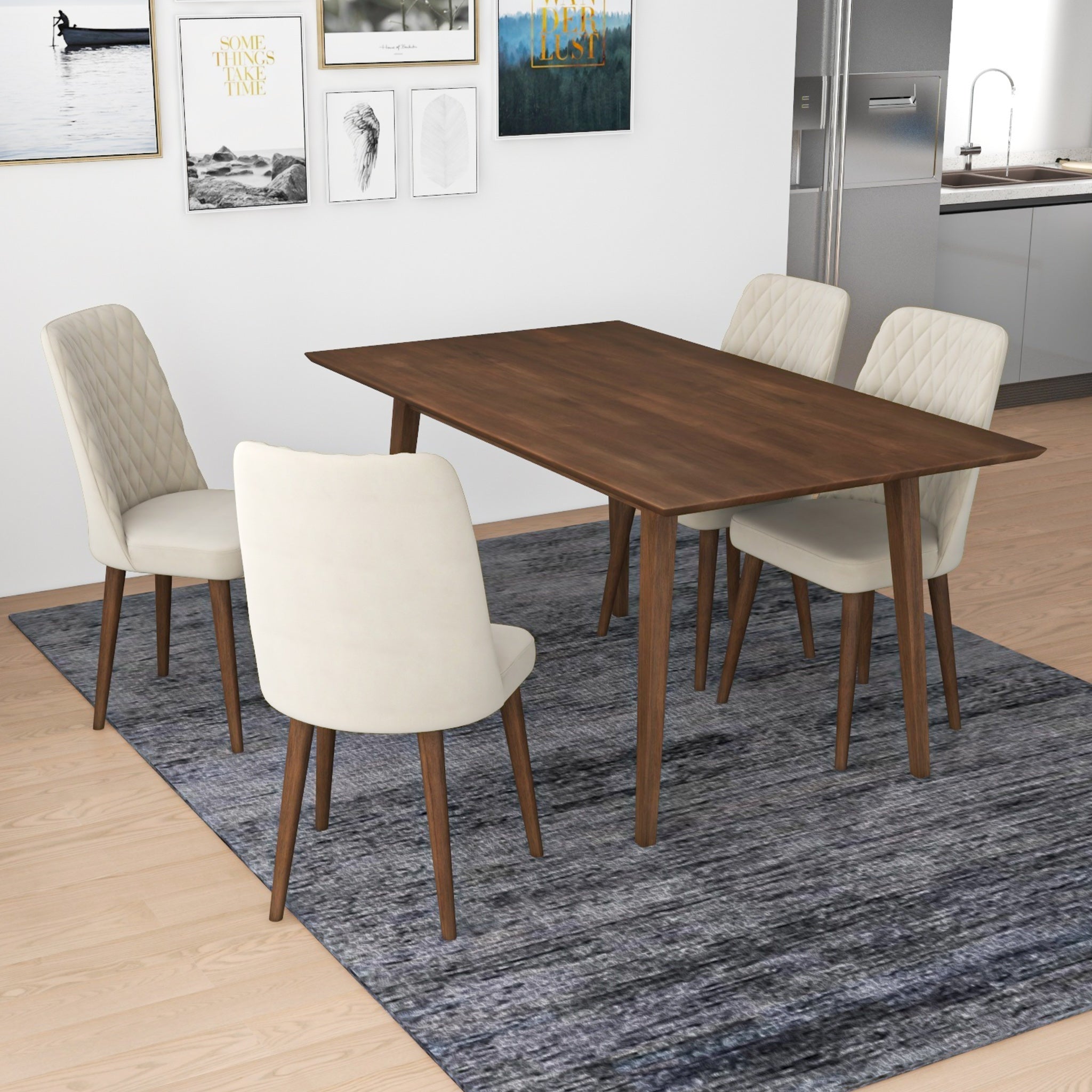 Alpine Large Walnut Dining Set with 4 Evette Beige Velvet Dining Chairs