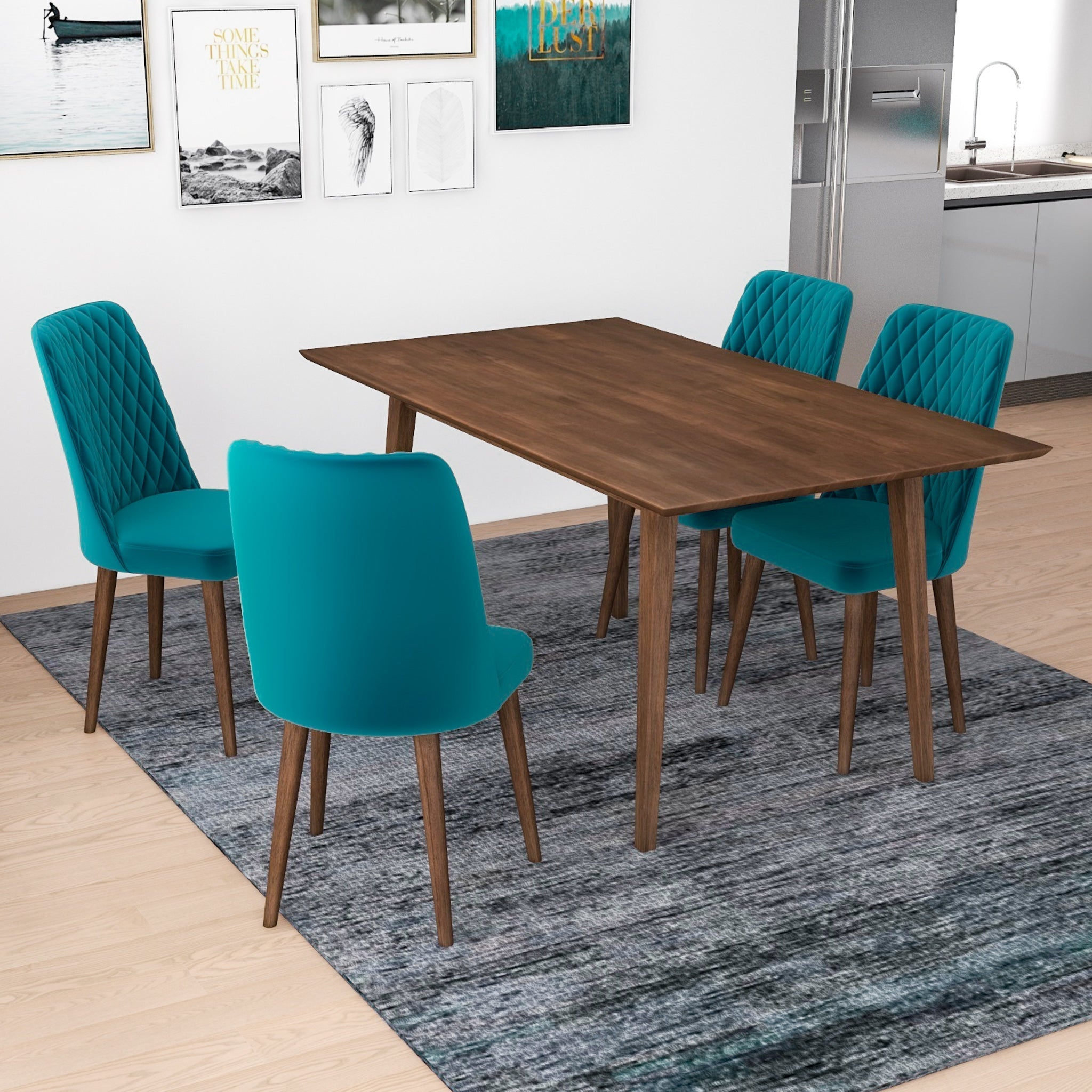 Alpine Large Walnut Dining Set with 4 Evette Teal Velvet Dining Chairs