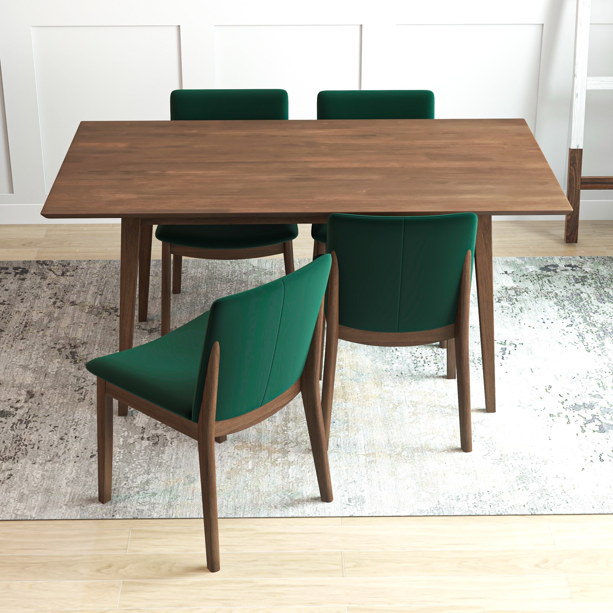 Adira Large Walnut Dining Set with 4 Virginia Green Velvet Dining Chairs