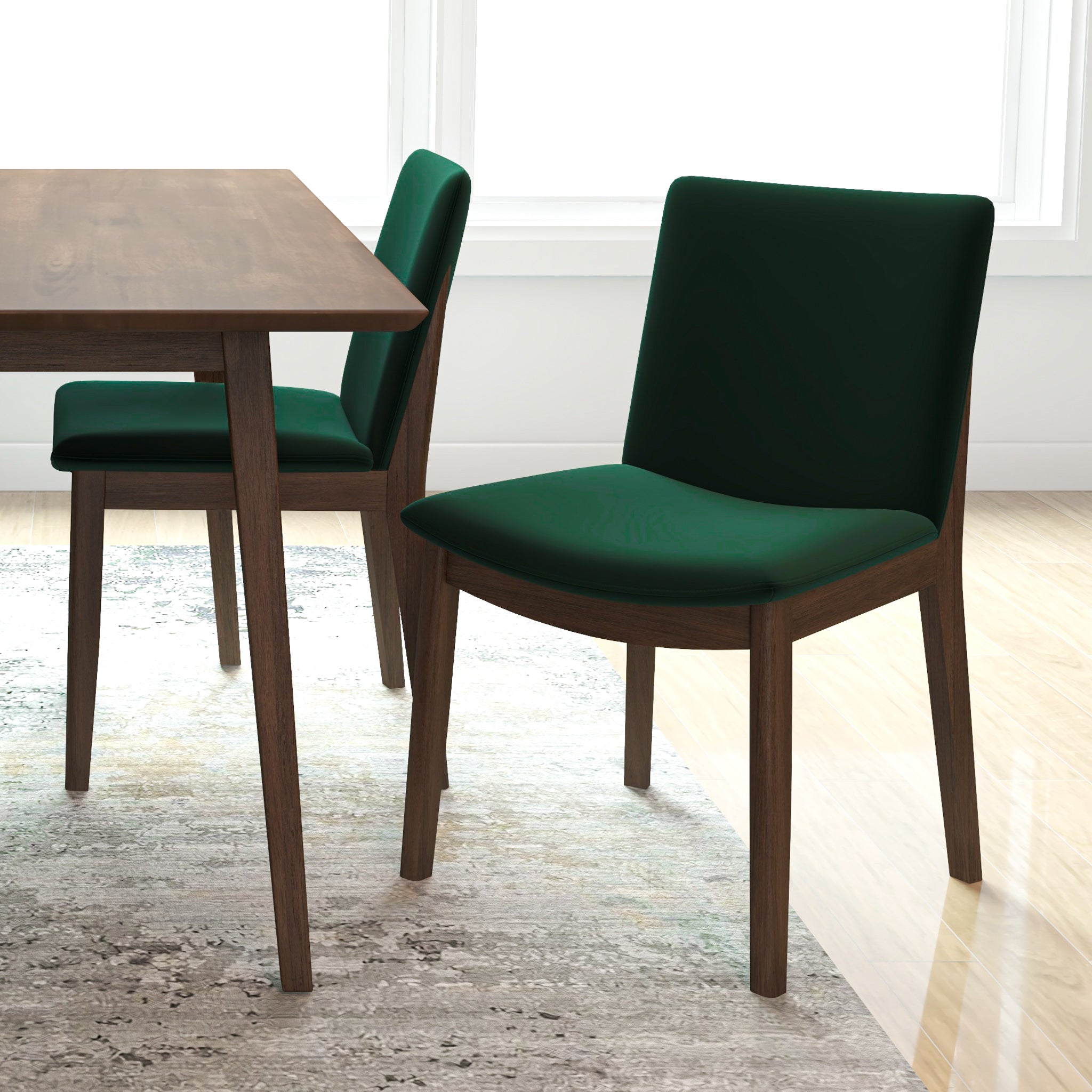 Adira Large Walnut Dining Set with 4 Virginia Green Velvet Dining Chairs