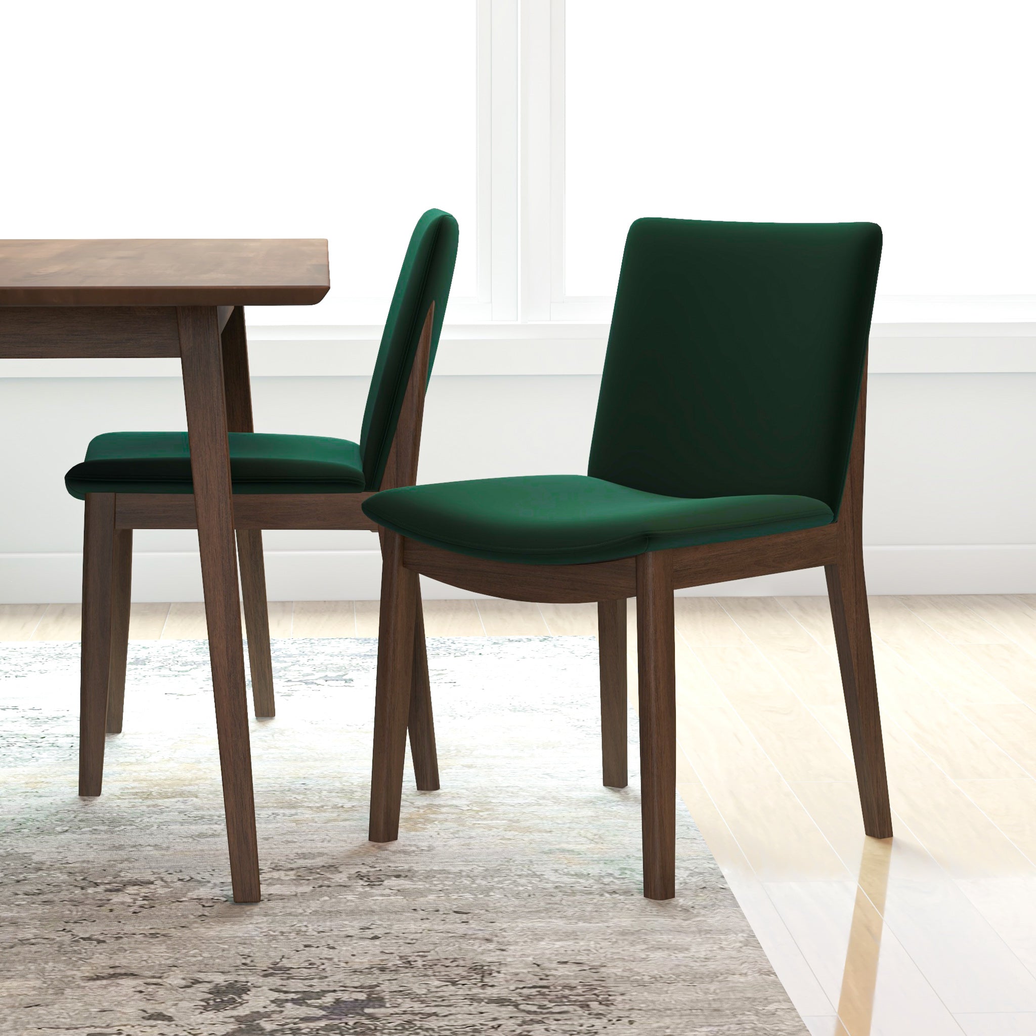 Adira Large Walnut Dining Set with 4 Virginia Green Velvet Dining Chairs