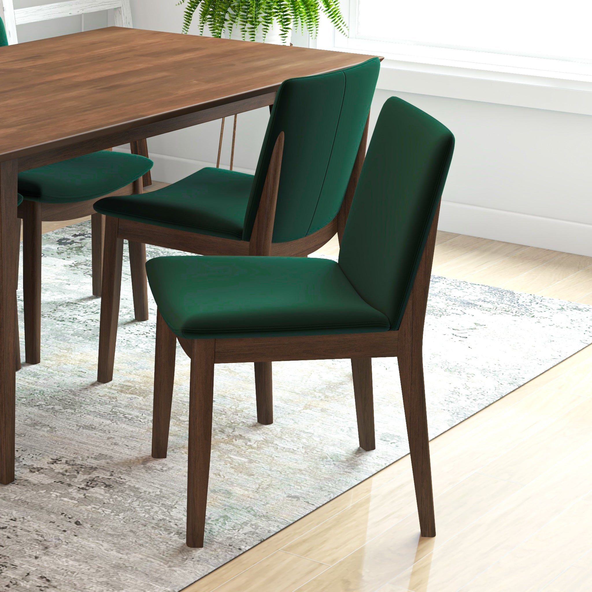 Adira Large Walnut Dining Set with 4 Virginia Green Velvet Dining Chairs