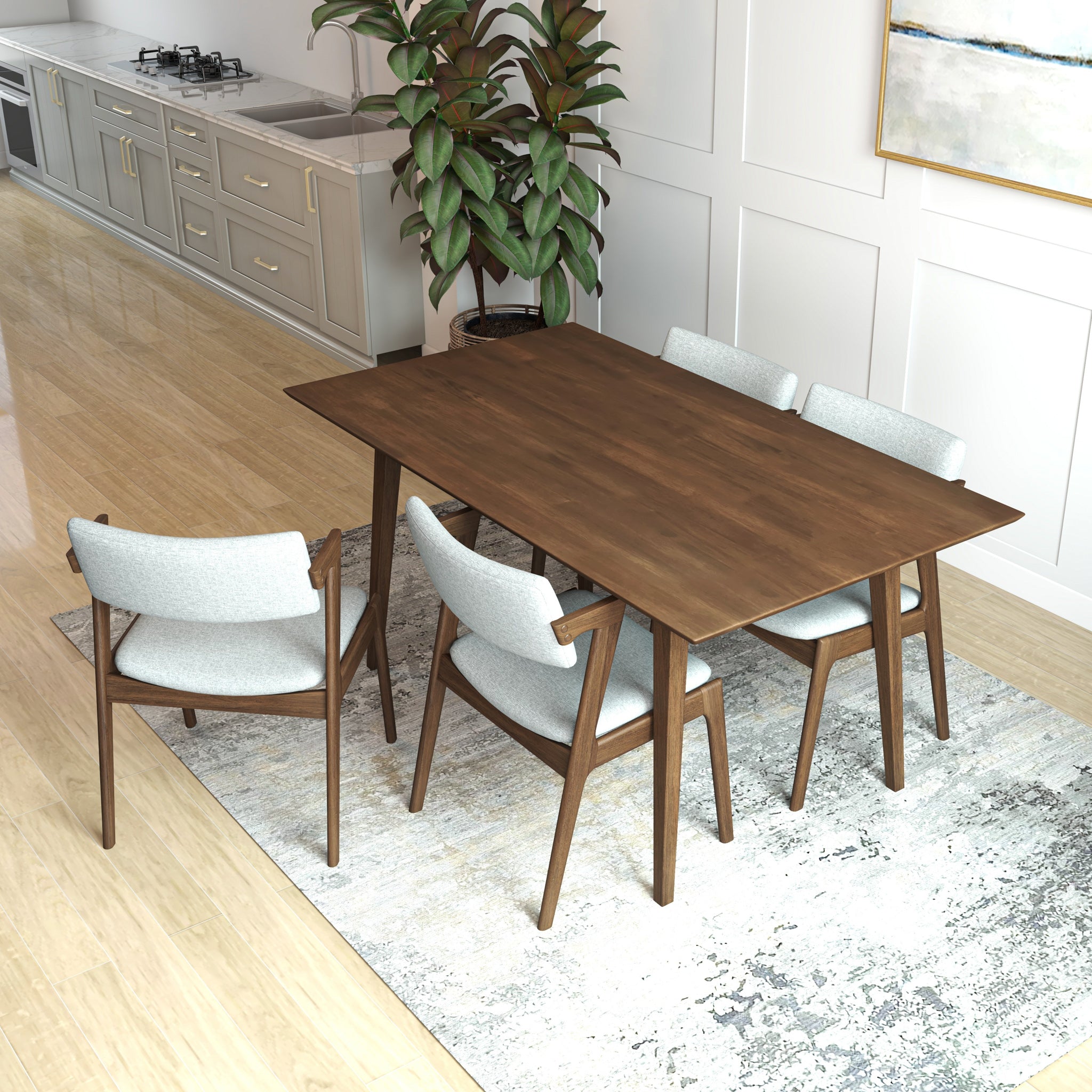 Adira Large Walnut Dining Set with 4 Ricco Light Grey Chairs