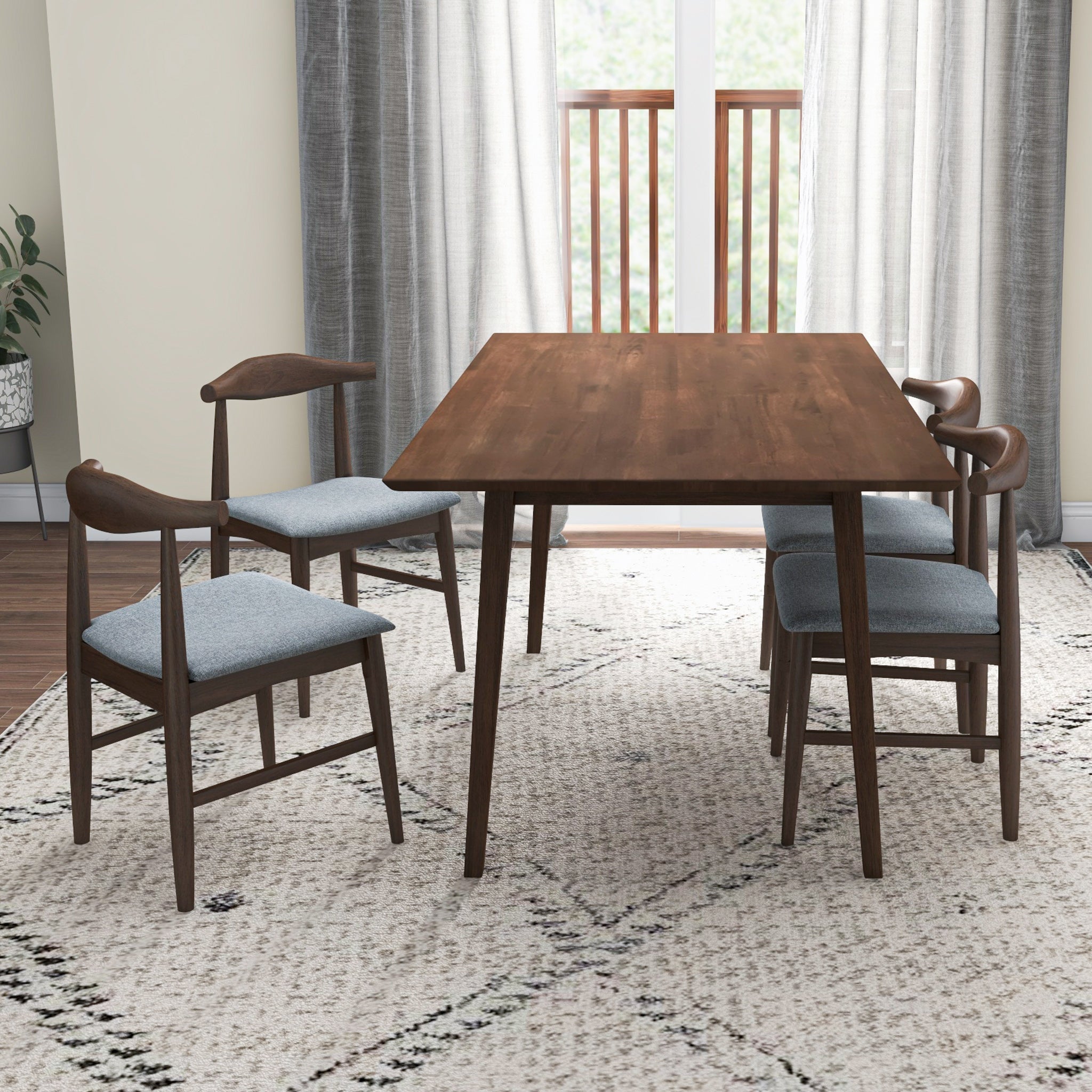 Adira Large Walnut Dining Set with 4 Winston Grey Dining Chairs