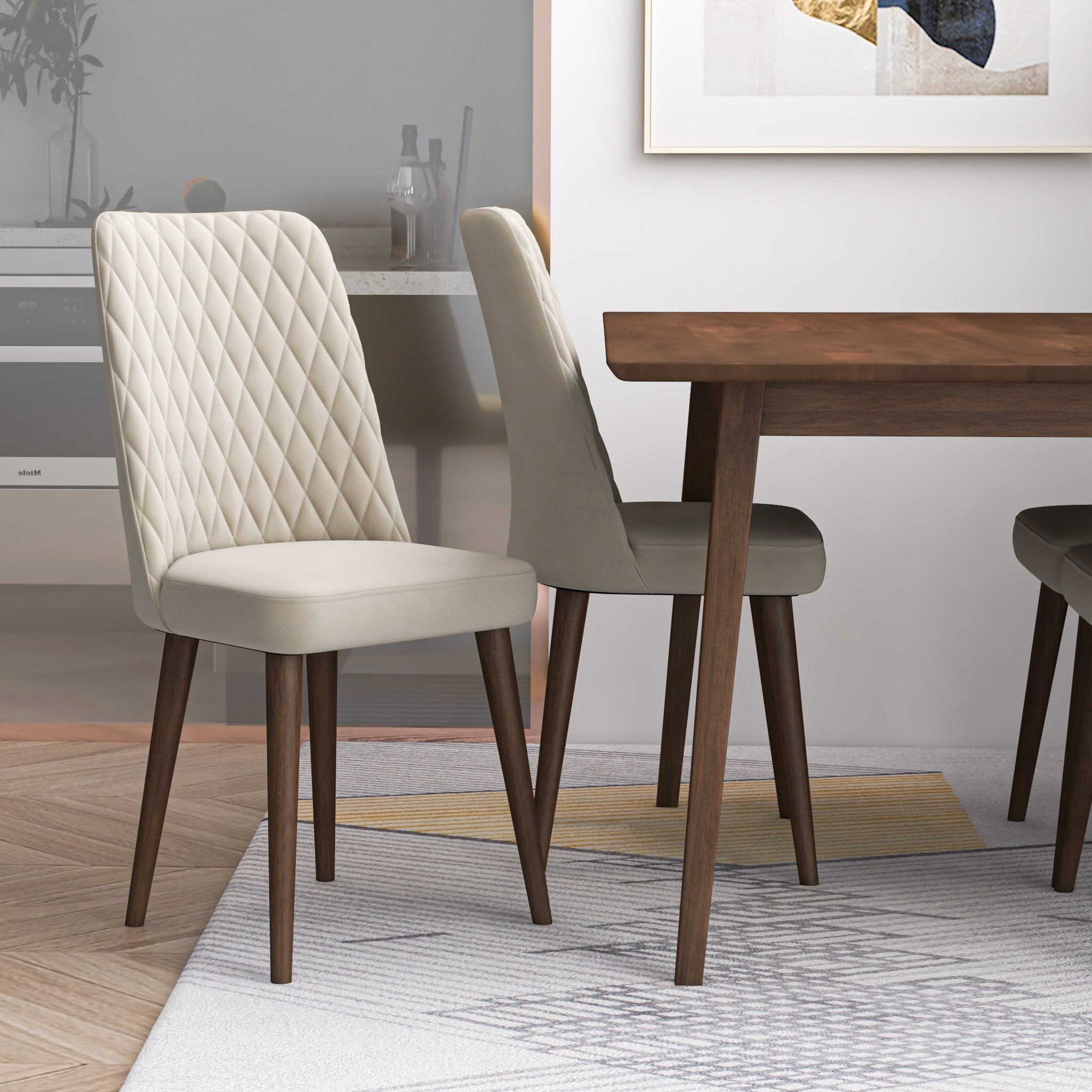 Alpine Small Walnut Dining Set with 4 Evette Beige Velvet Dining Chairs