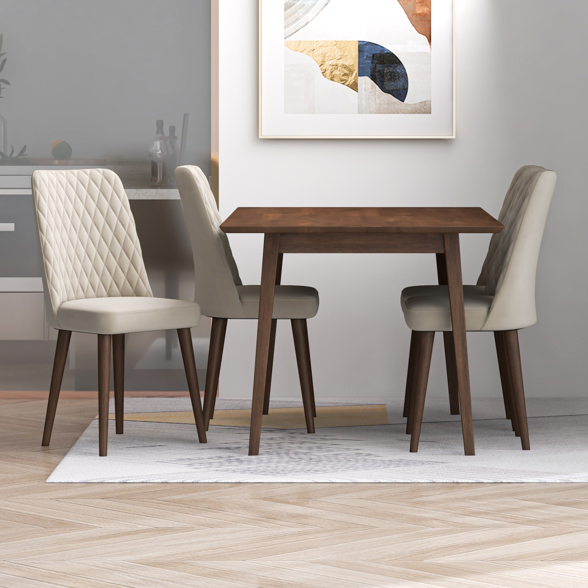 Alpine Small Walnut Dining Set with 4 Evette Beige Velvet Dining Chairs