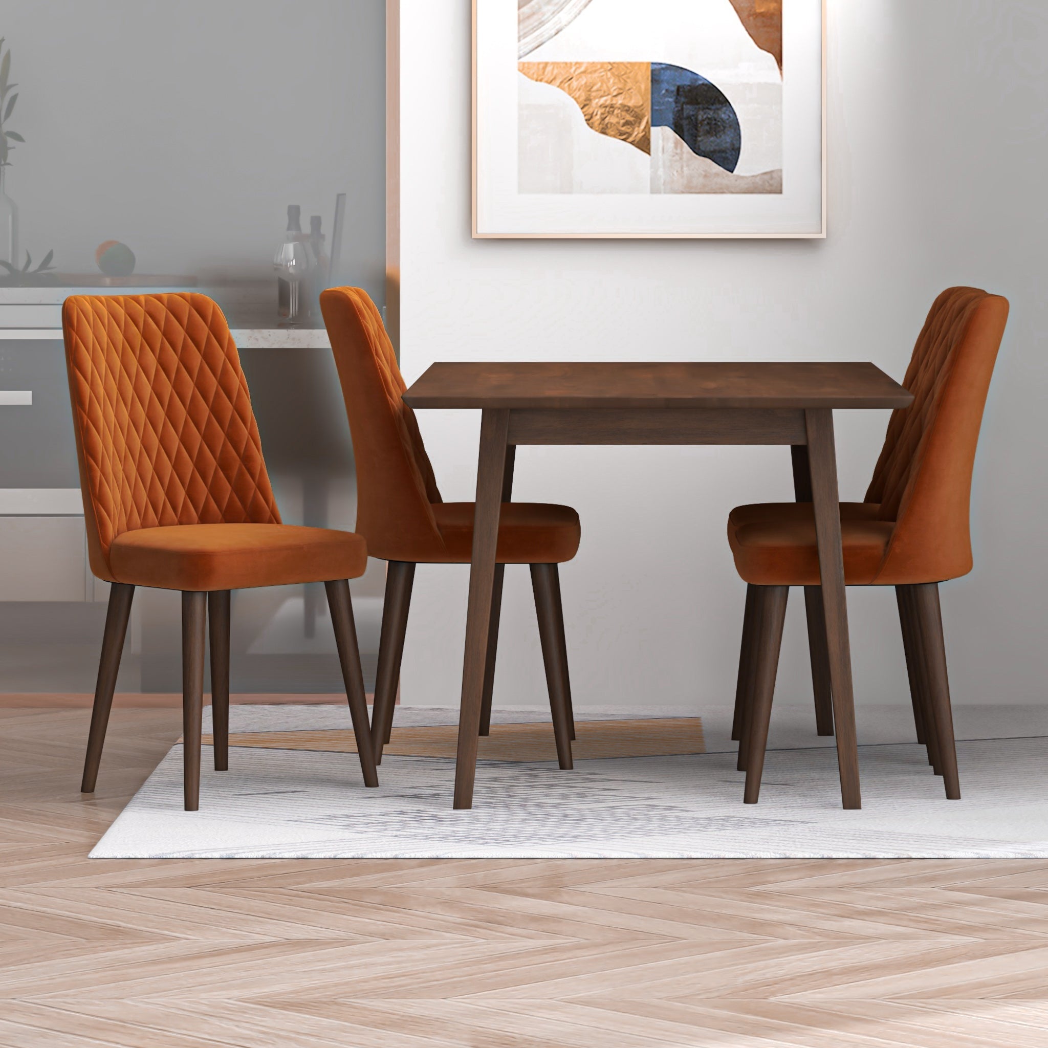 Alpine Small Walnut Dining Set with 4 Evette Orange Velvet Dining Chairs