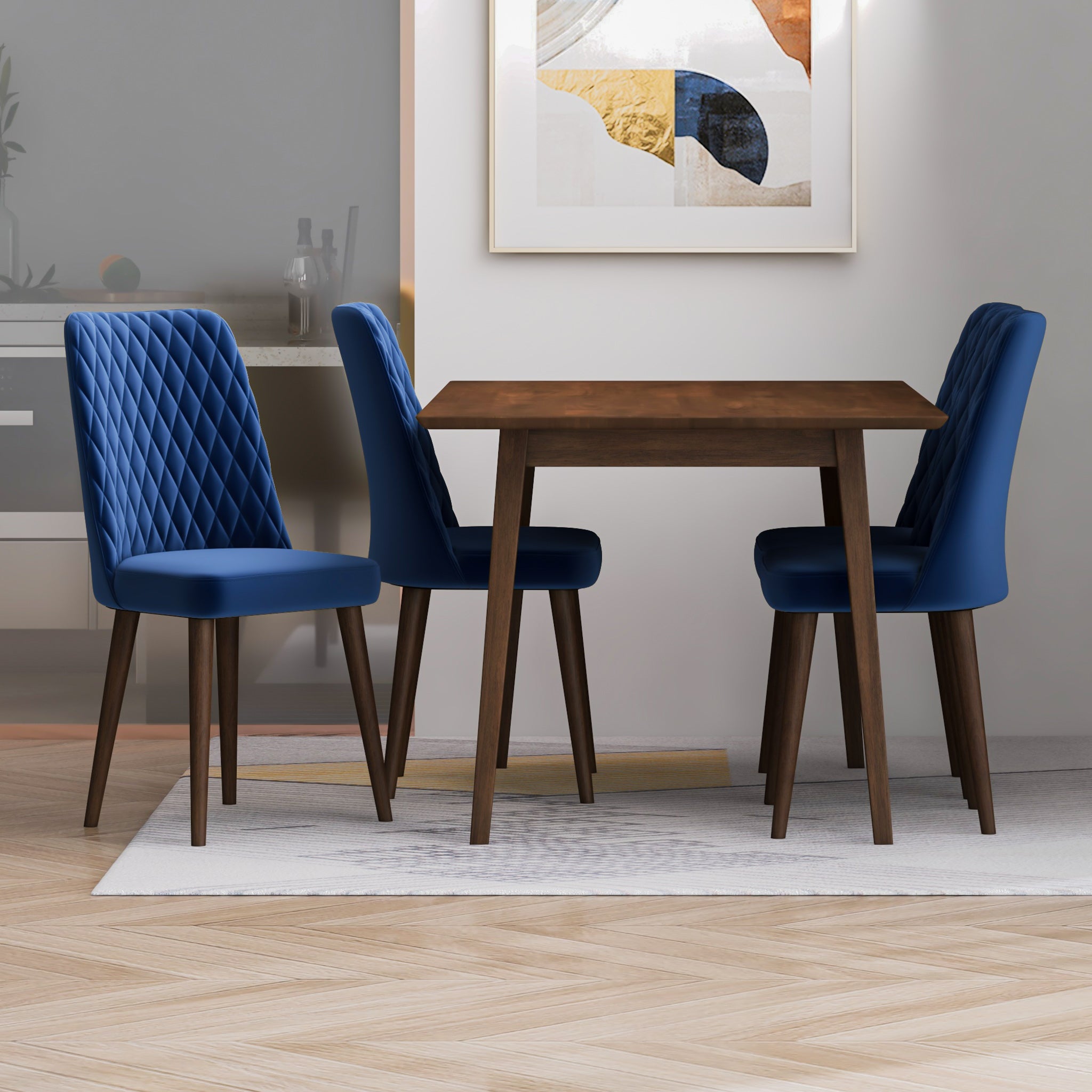 Alpine Small Walnut Dining Set with 4 Evette Blue Velvet Dining Chairs