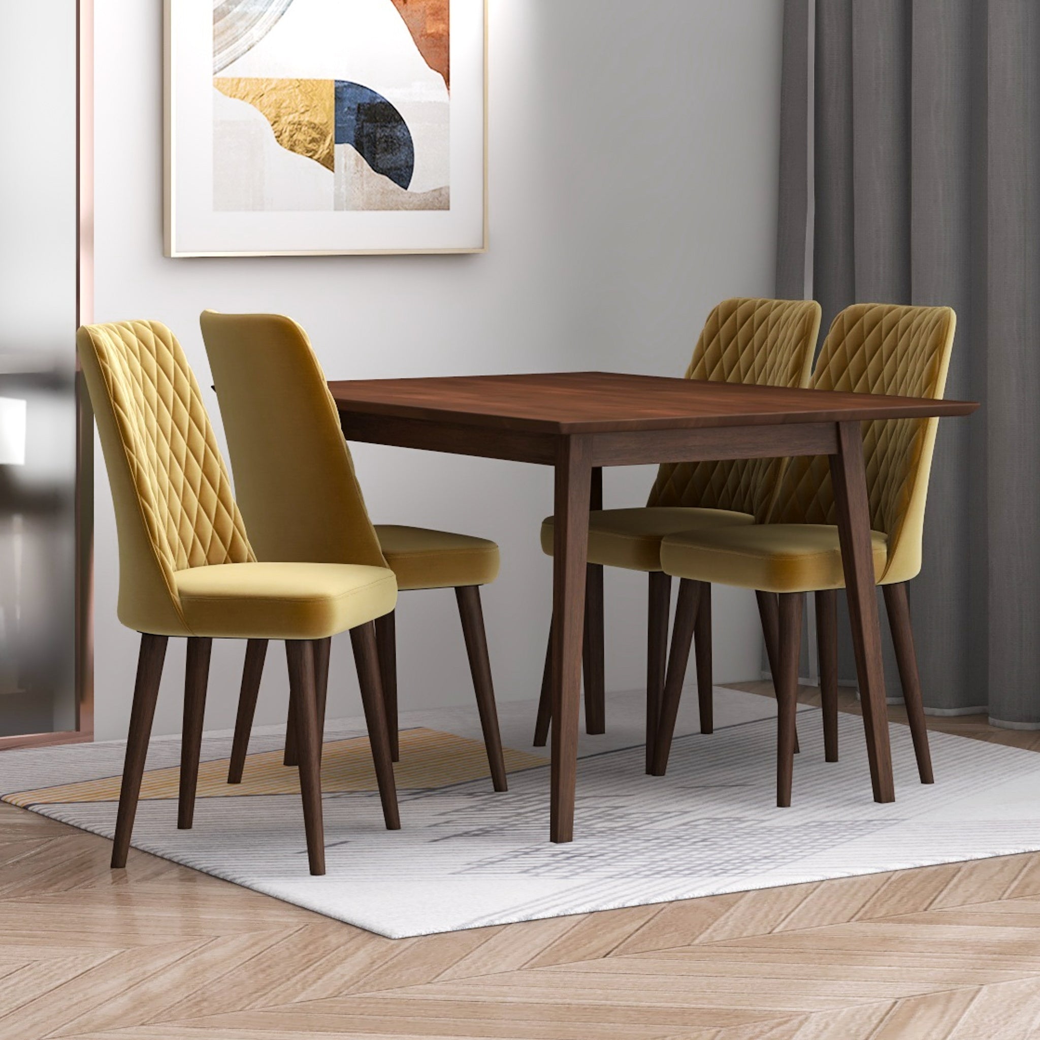 Alpine Small Walnut Dining Set with 4 Evette Gold Velvet Dining Chairs