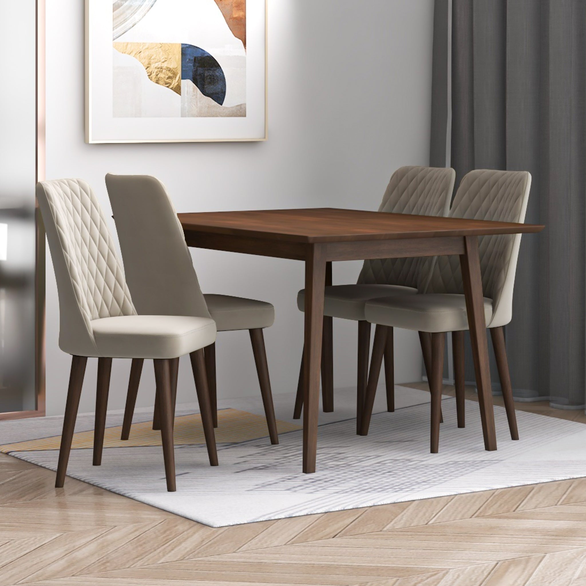 Alpine Small Walnut Dining Set with 4 Evette Beige Velvet Dining Chairs