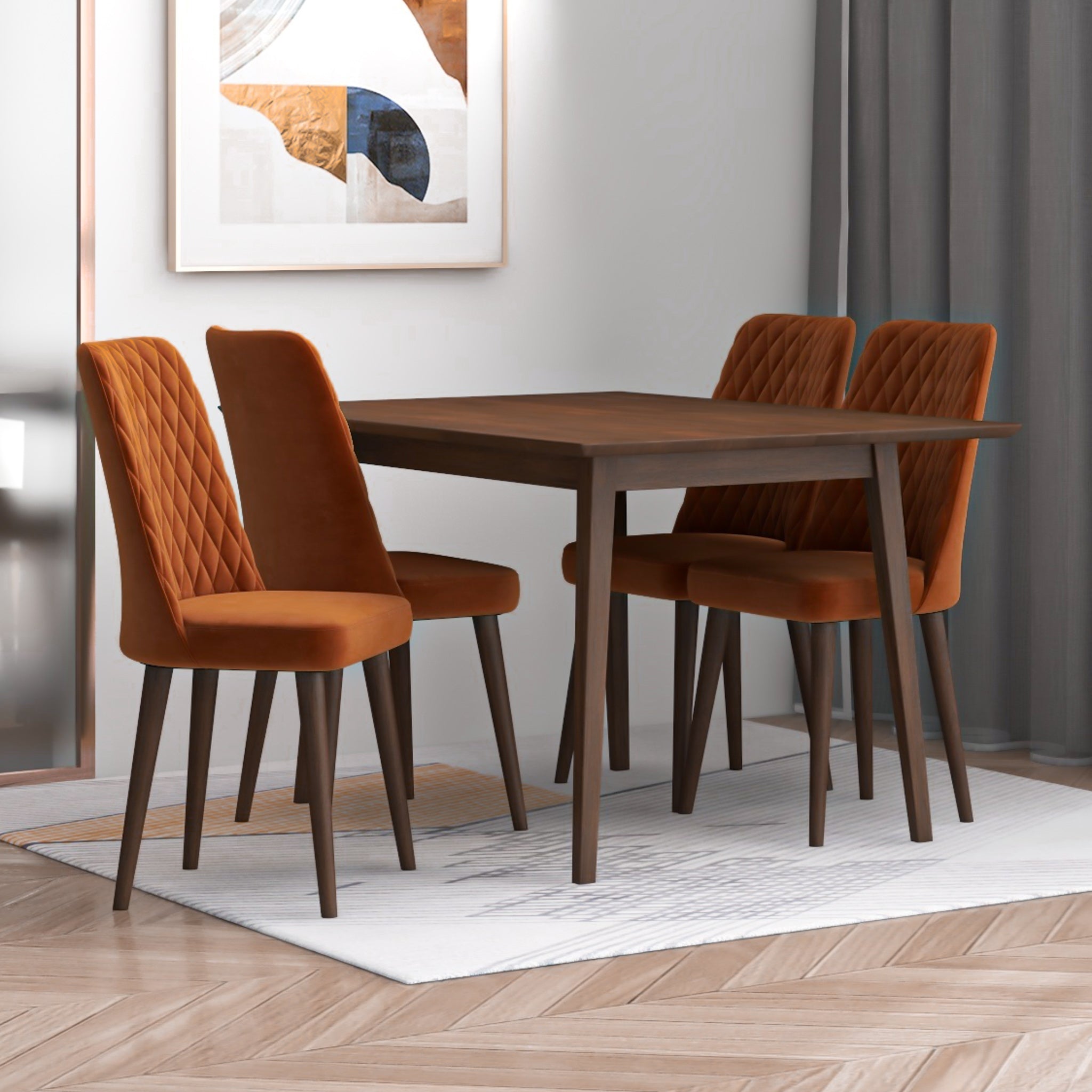 Alpine Small Walnut Dining Set with 4 Evette Orange Velvet Dining Chairs