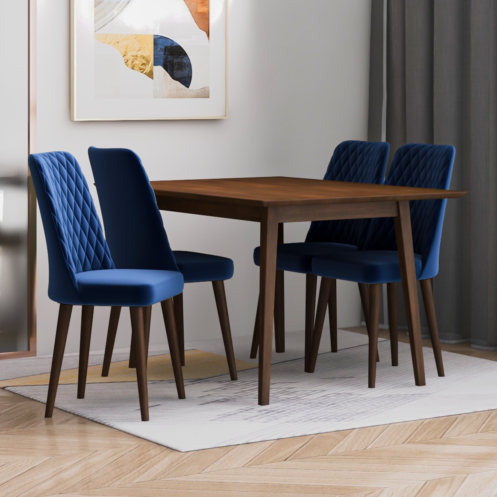 Alpine Small Walnut Dining Set with 4 Evette Blue Velvet Dining Chairs