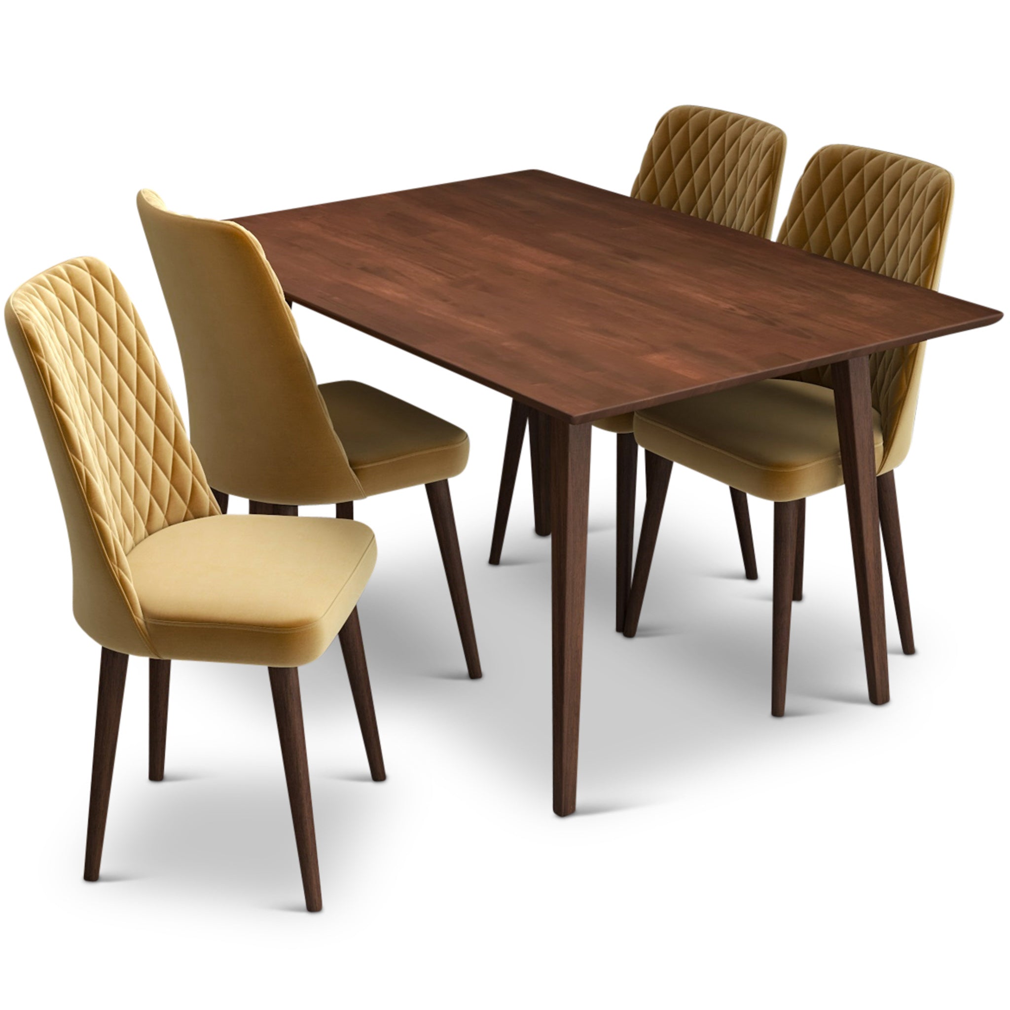 Alpine Small Walnut Dining Set with 4 Evette Gold Velvet Dining Chairs