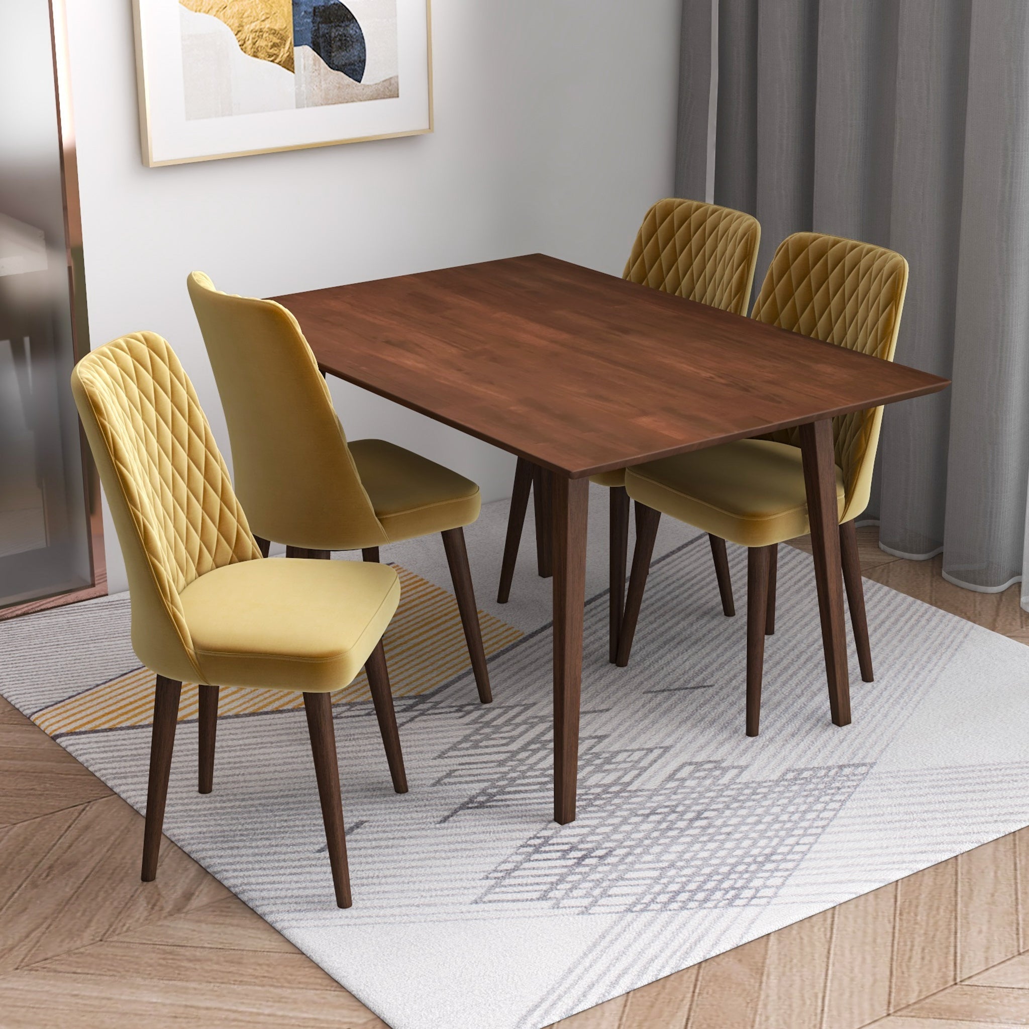 Alpine Small Walnut Dining Set with 4 Evette Gold Velvet Dining Chairs