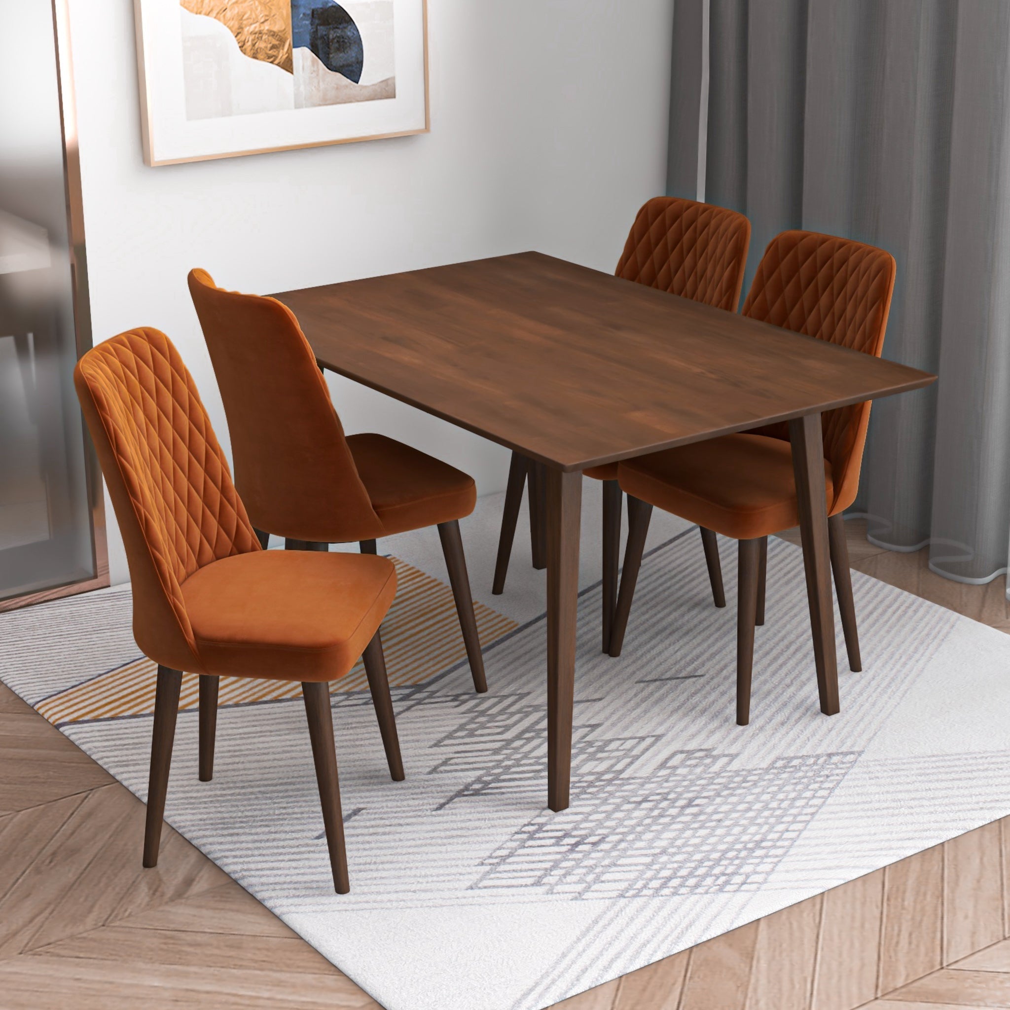 Alpine Small Walnut Dining Set with 4 Evette Orange Velvet Dining Chairs