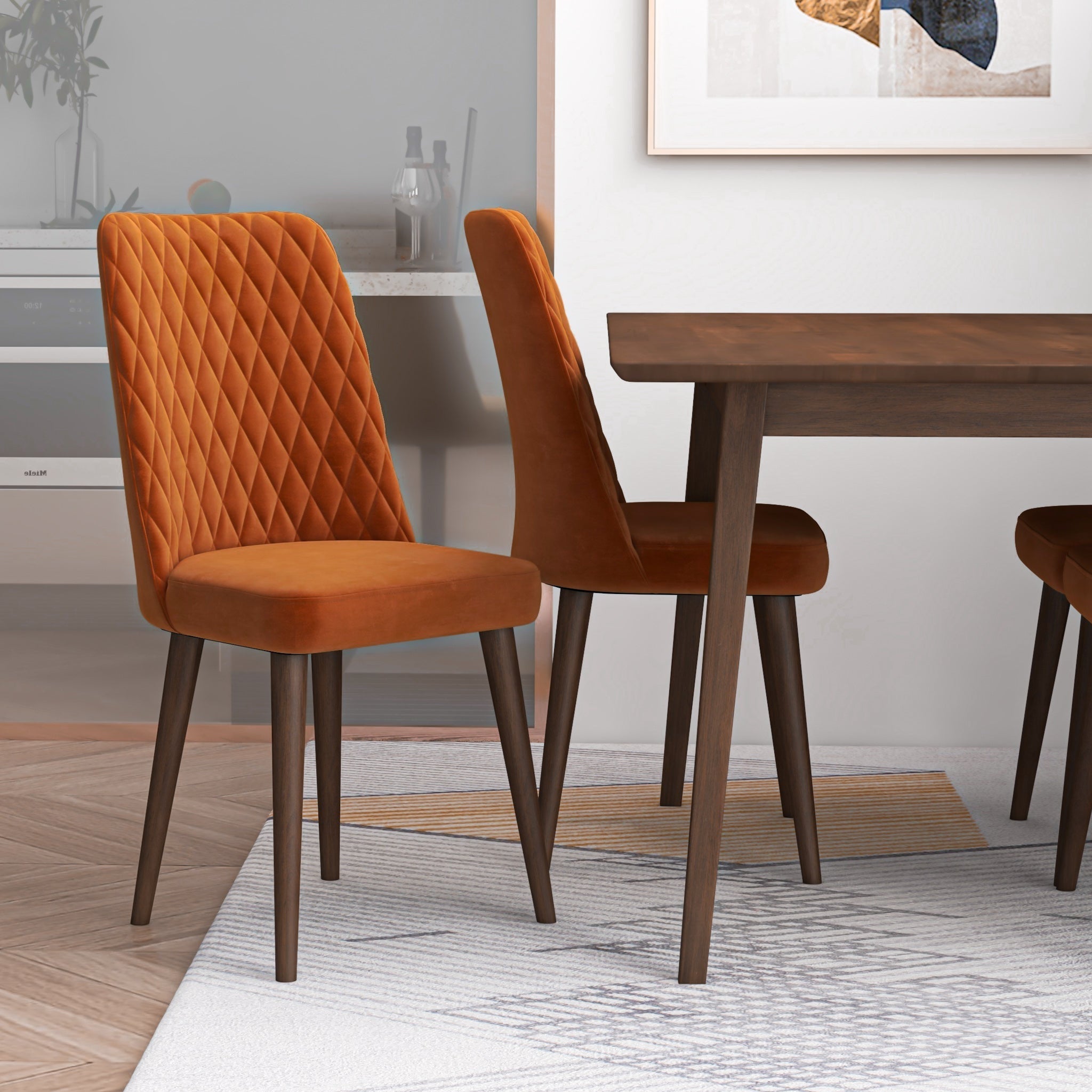 Alpine Small Walnut Dining Set with 4 Evette Orange Velvet Dining Chairs