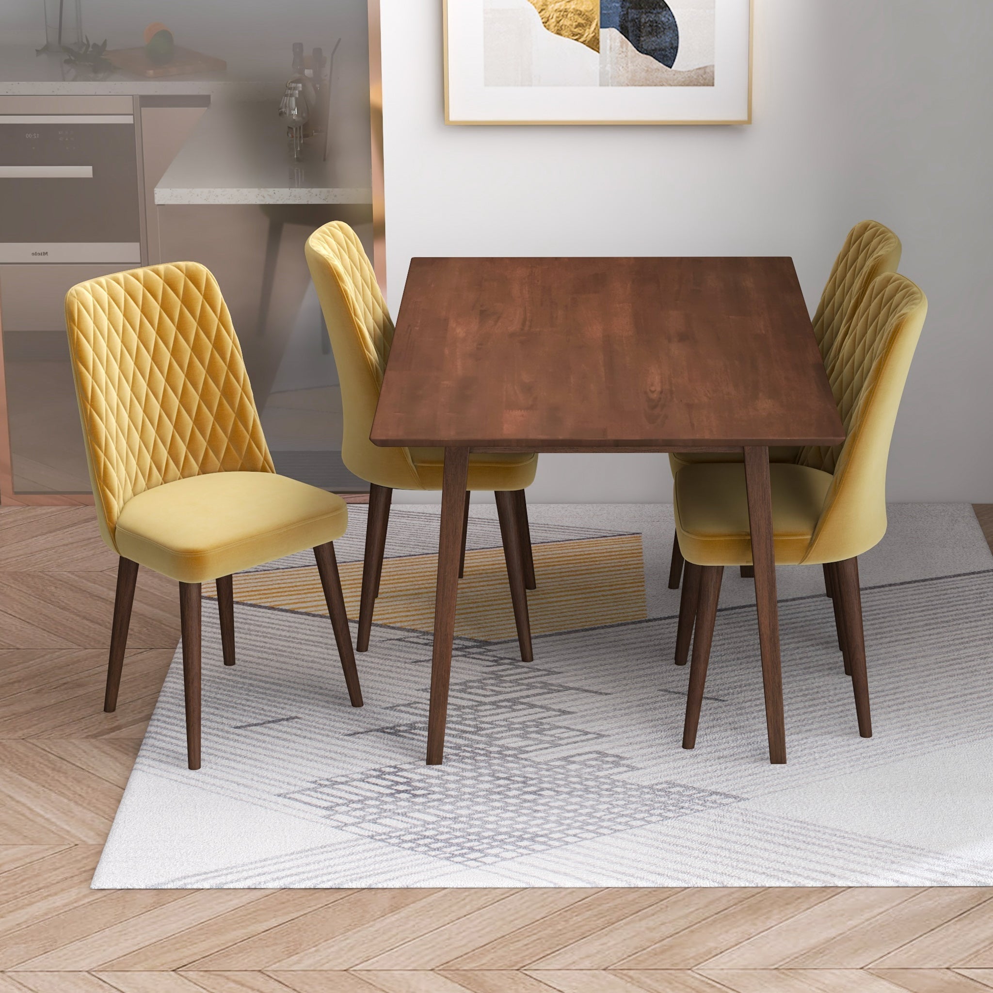 Alpine Small Walnut Dining Set with 4 Evette Gold Velvet Dining Chairs