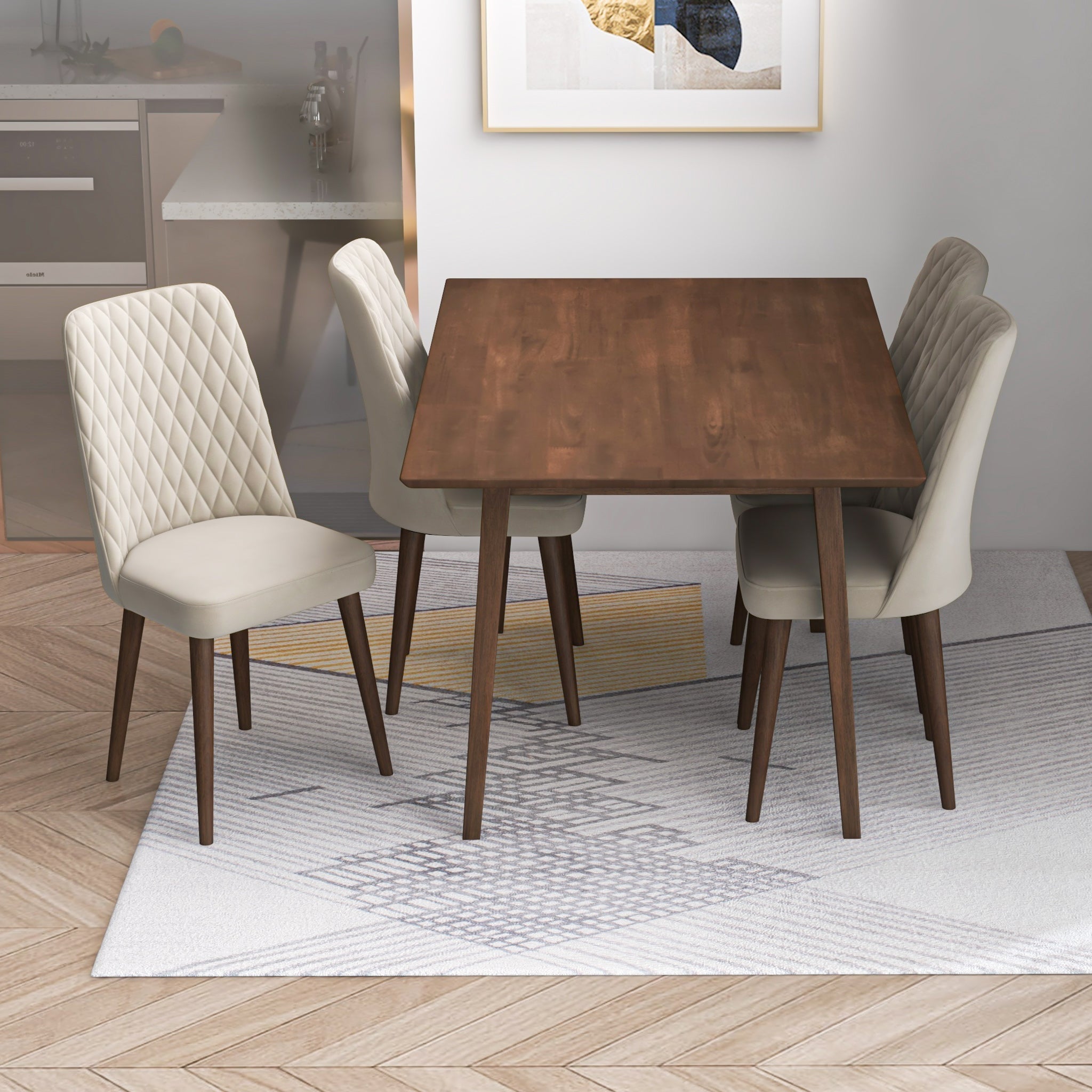 Alpine Small Walnut Dining Set with 4 Evette Beige Velvet Dining Chairs