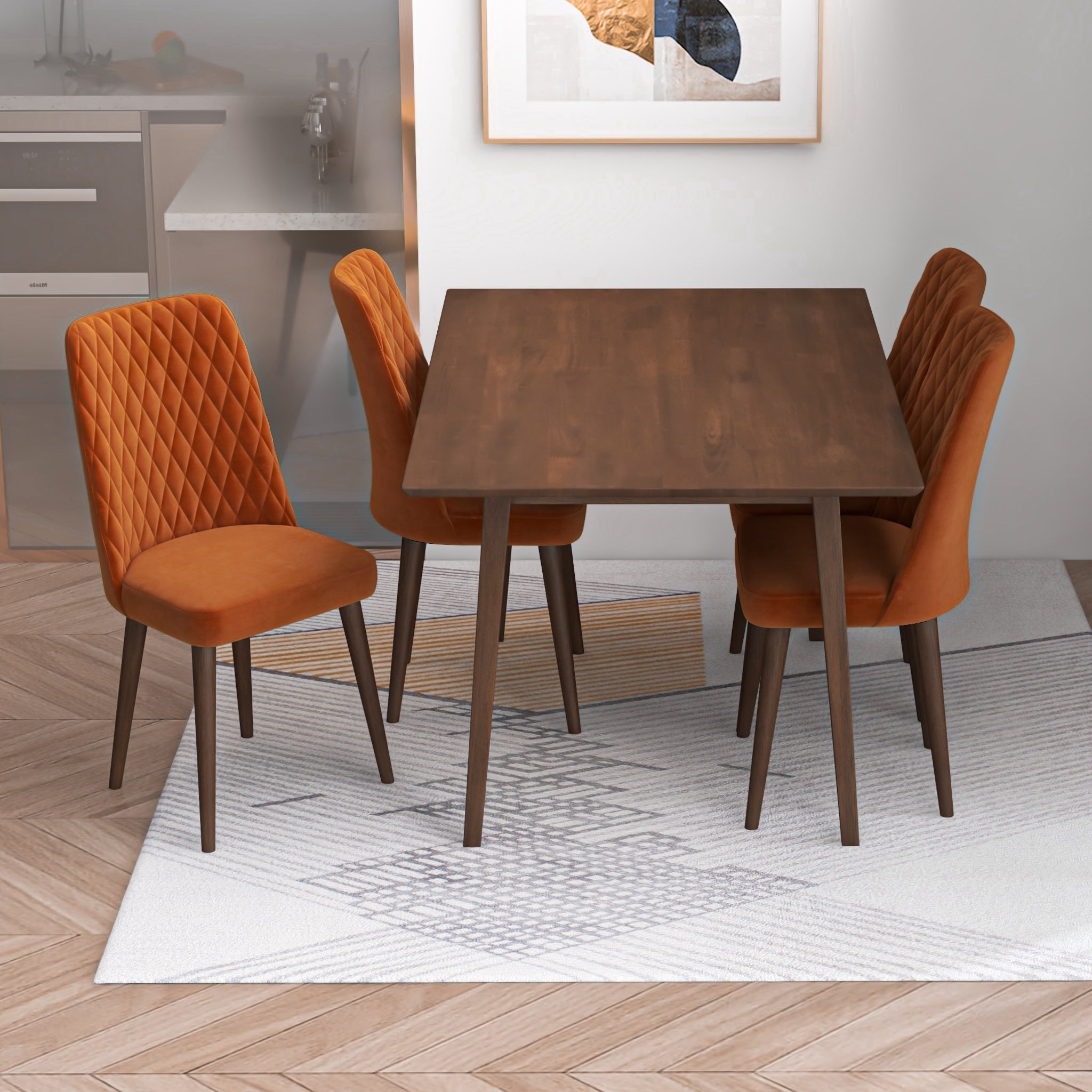 Alpine Small Walnut Dining Set with 4 Evette Orange Velvet Dining Chairs