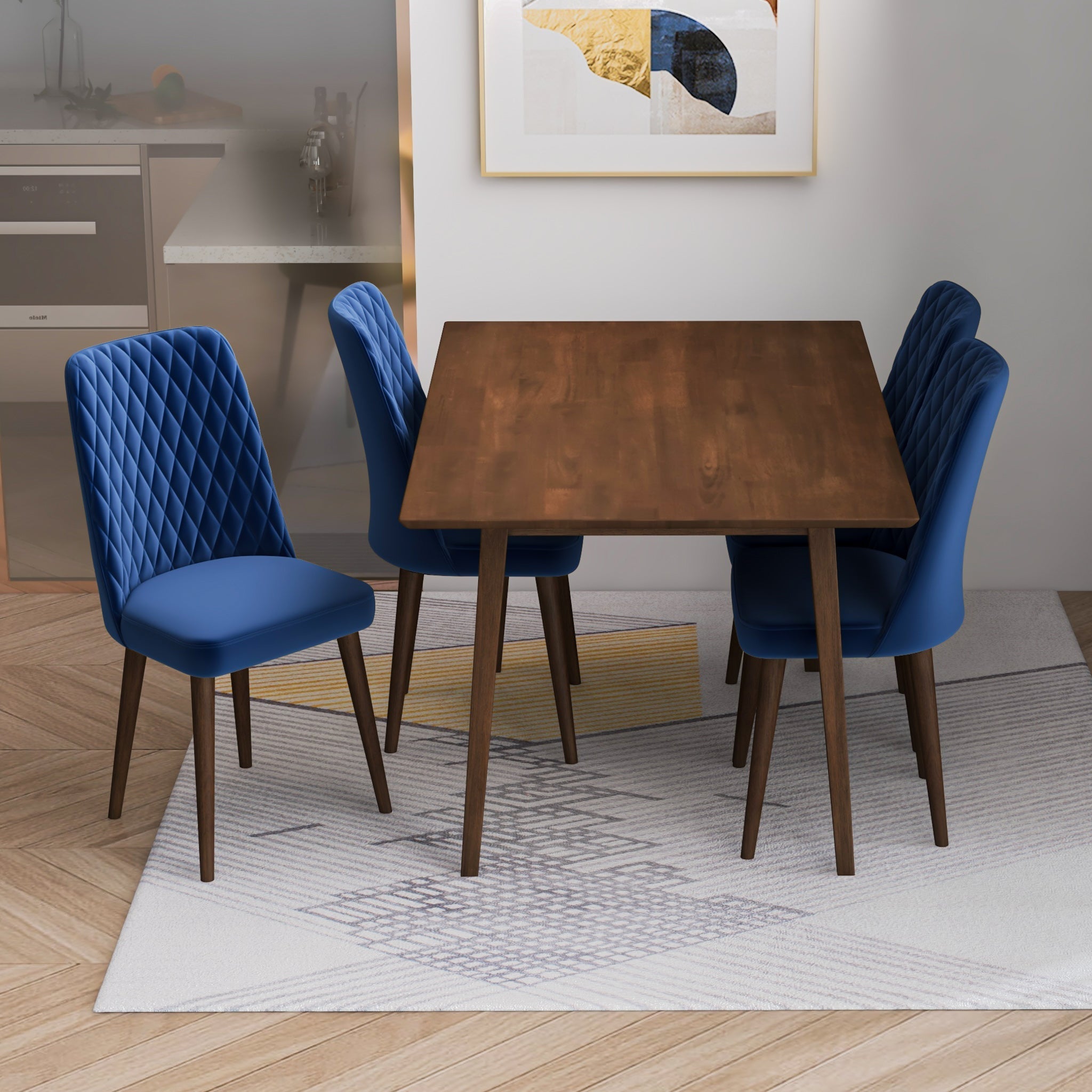 Alpine Small Walnut Dining Set with 4 Evette Blue Velvet Dining Chairs