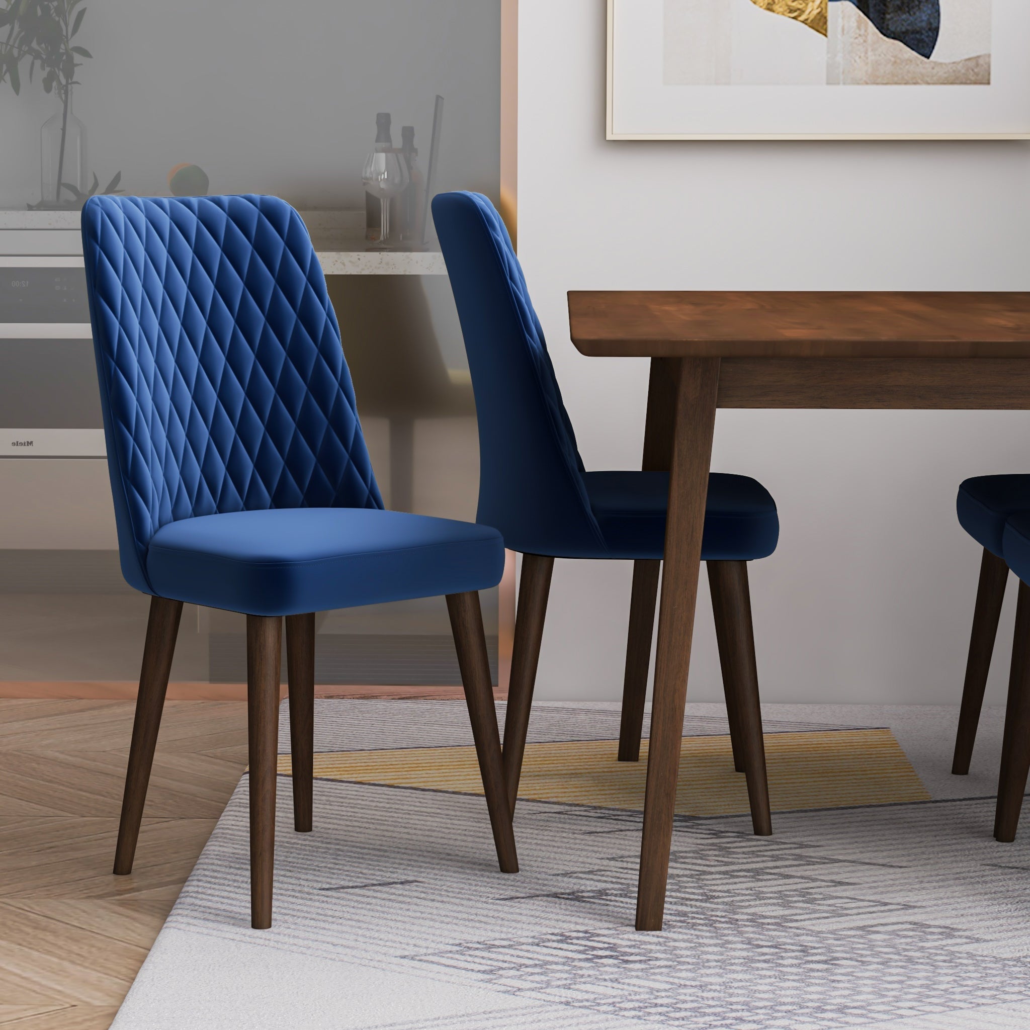 Alpine Small Walnut Dining Set with 4 Evette Blue Velvet Dining Chairs