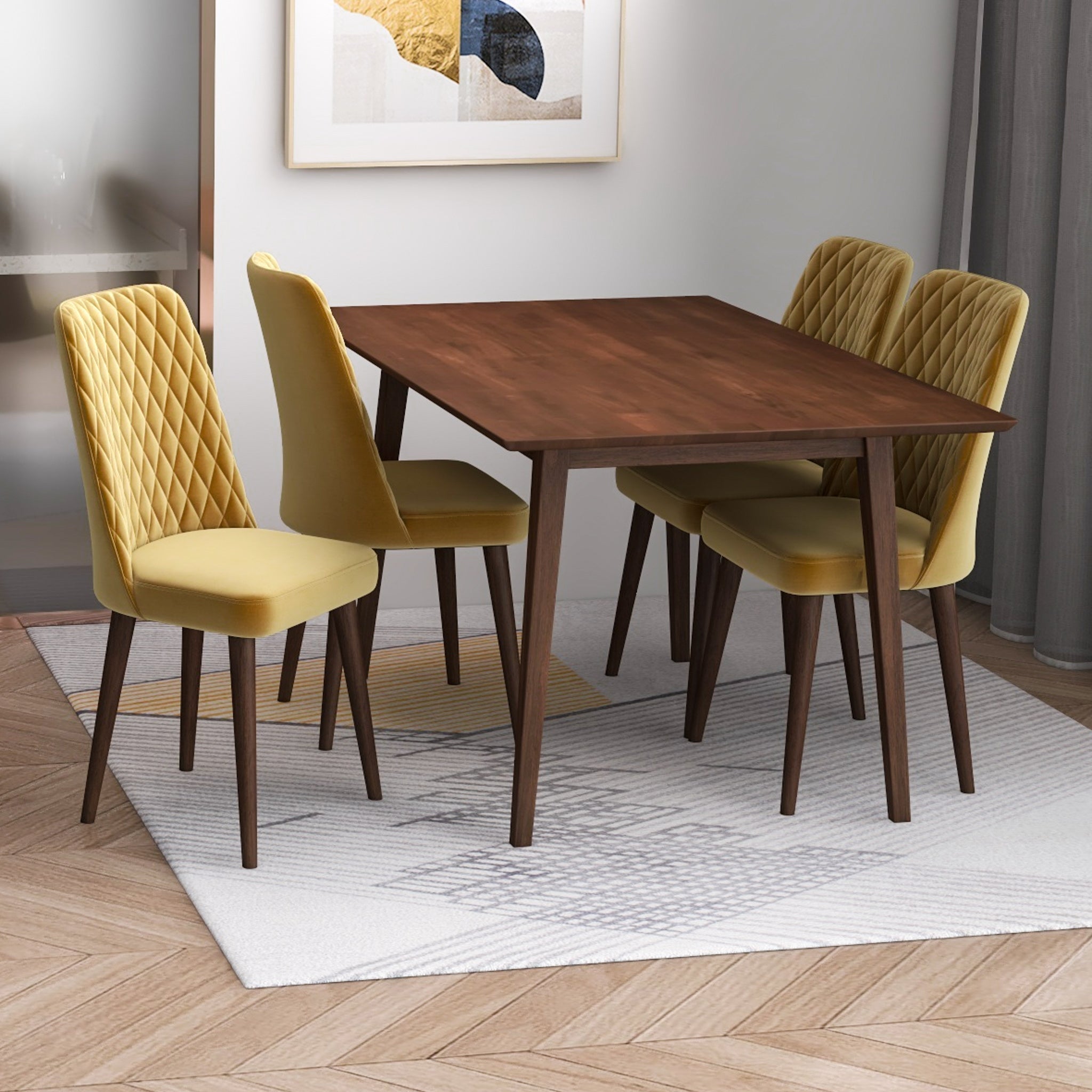 Alpine Small Walnut Dining Set with 4 Evette Gold Velvet Dining Chairs