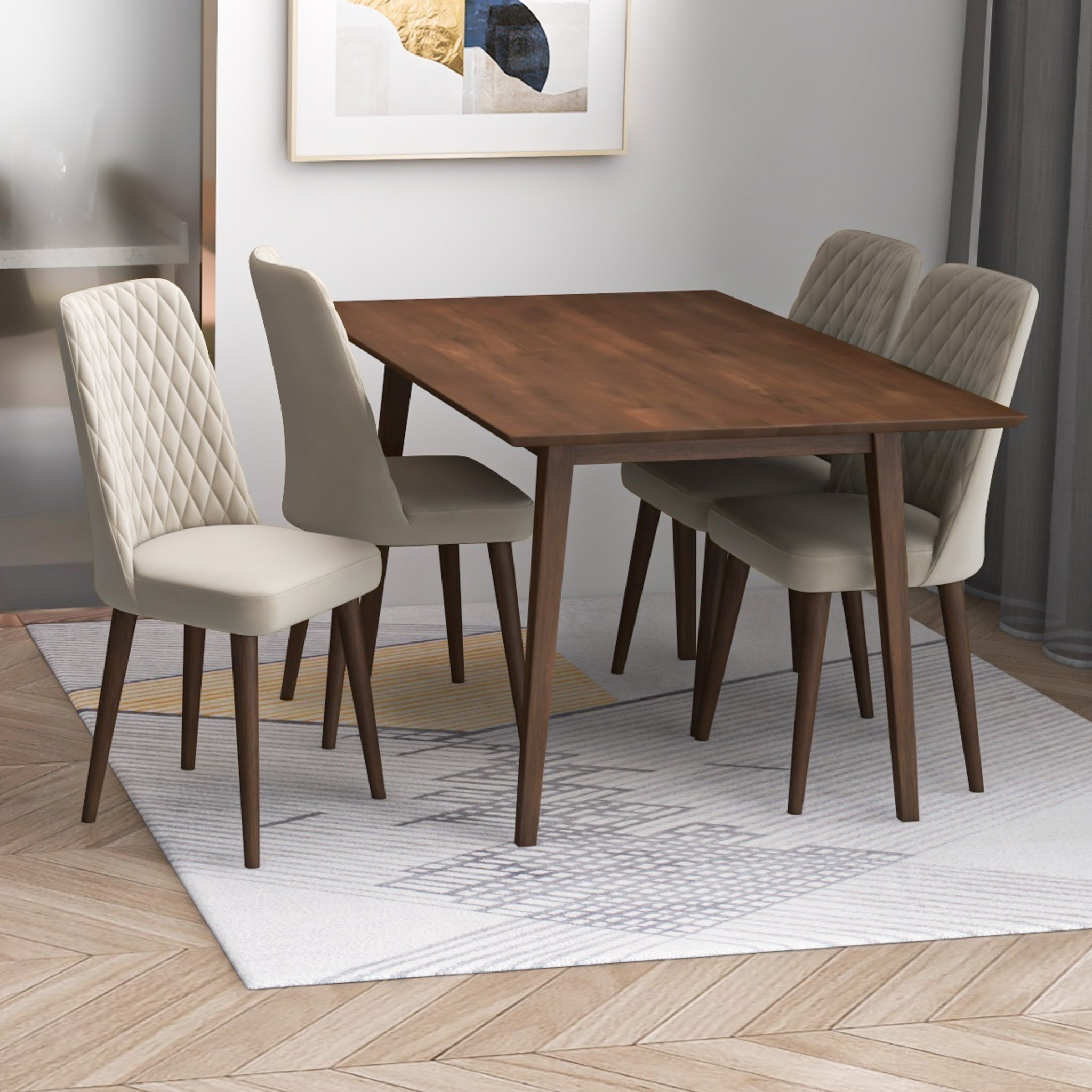 Alpine Small Walnut Dining Set with 4 Evette Beige Velvet Dining Chairs