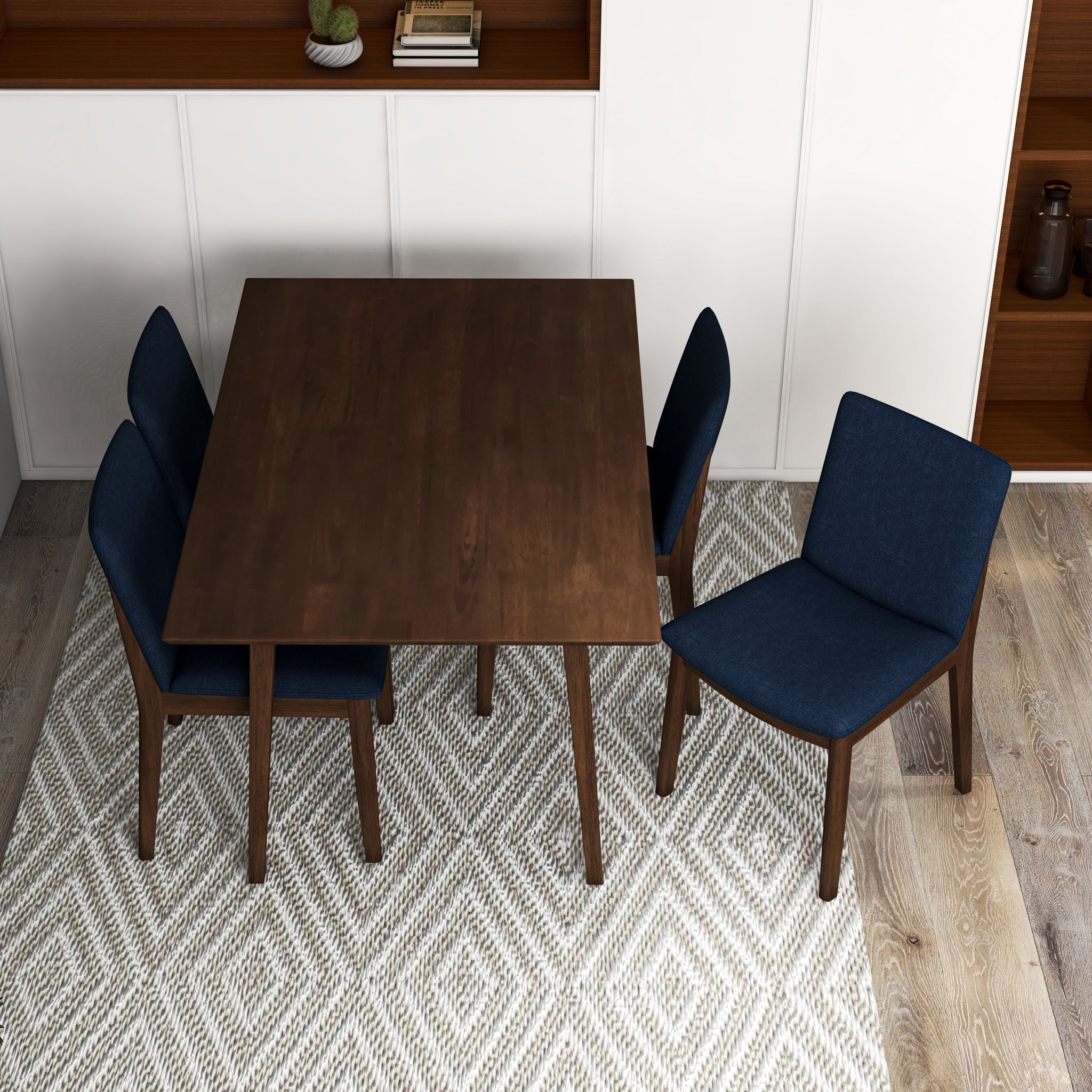 Adira Small Walnut Dining Set with 4 Virginia Dark Blue Dining Chairs