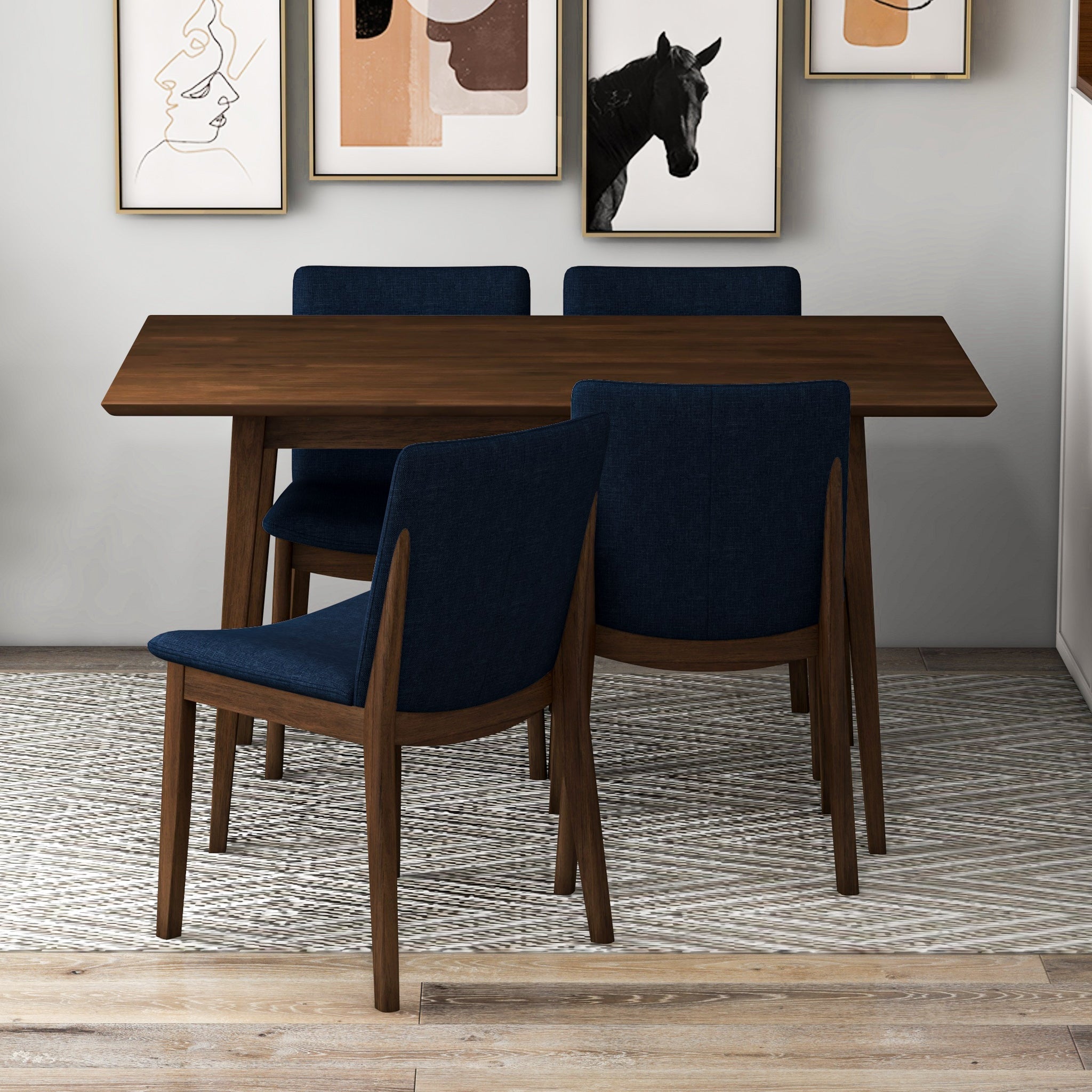 Adira Small Walnut Dining Set with 4 Virginia Dark Blue Dining Chairs