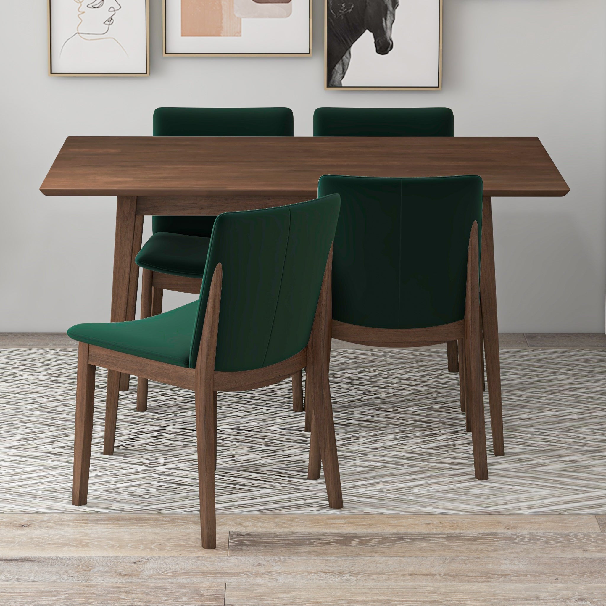 Adira Small Walnut Dining Set with 4 Virginia Green Velvet Dining Chairs