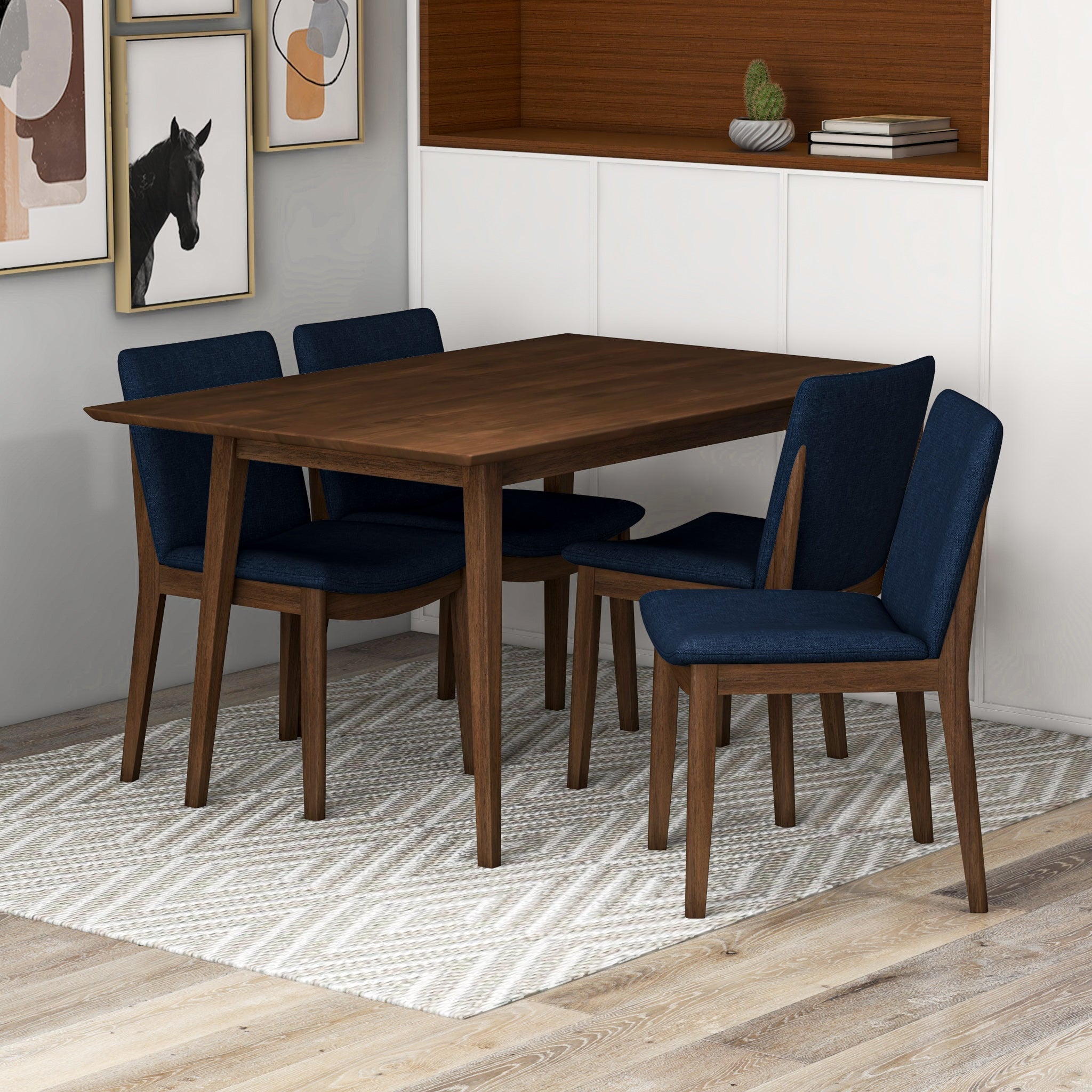 Adira Small Walnut Dining Set with 4 Virginia Dark Blue Dining Chairs