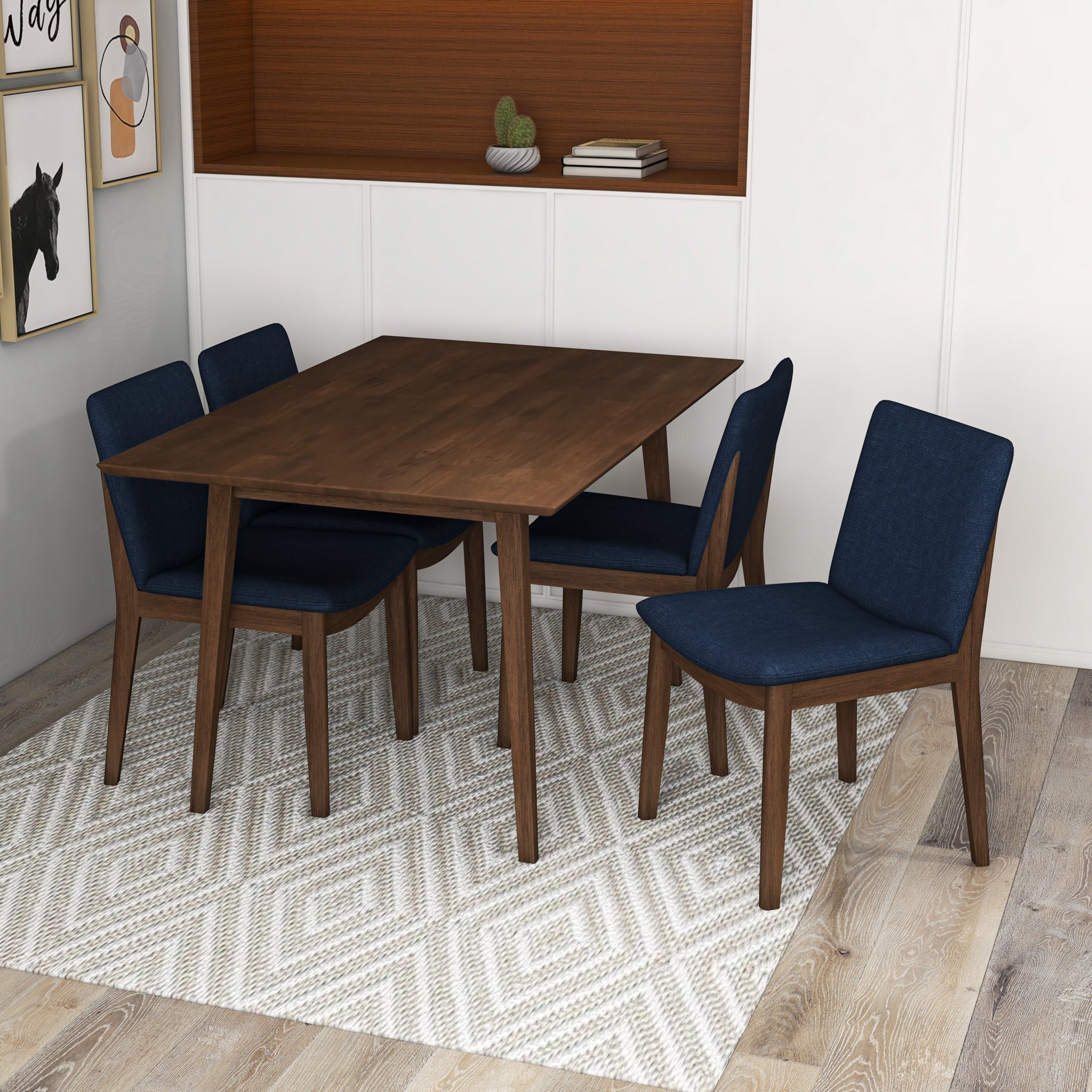 Adira Small Walnut Dining Set with 4 Virginia Dark Blue Dining Chairs