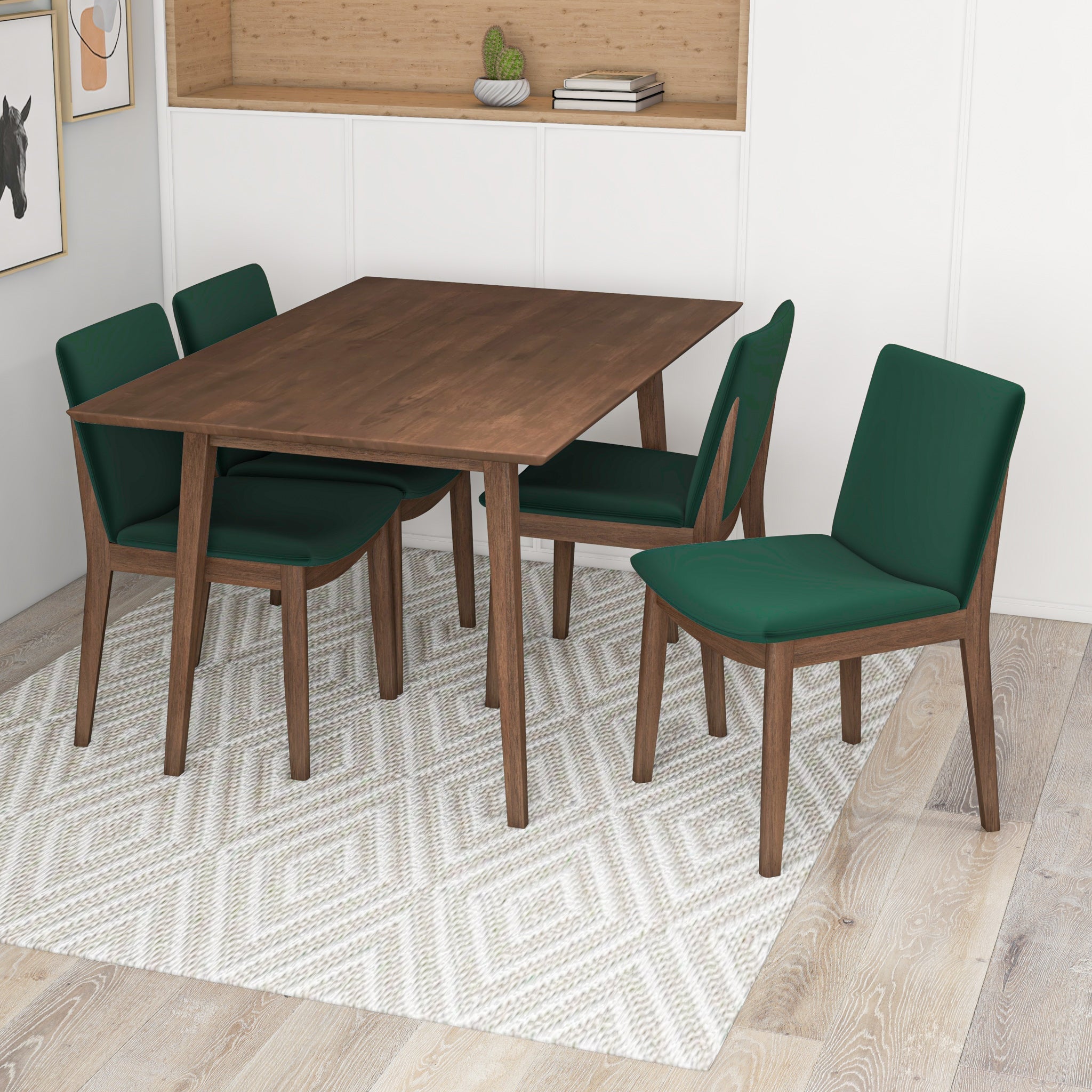 Adira Small Walnut Dining Set with 4 Virginia Green Velvet Dining Chairs