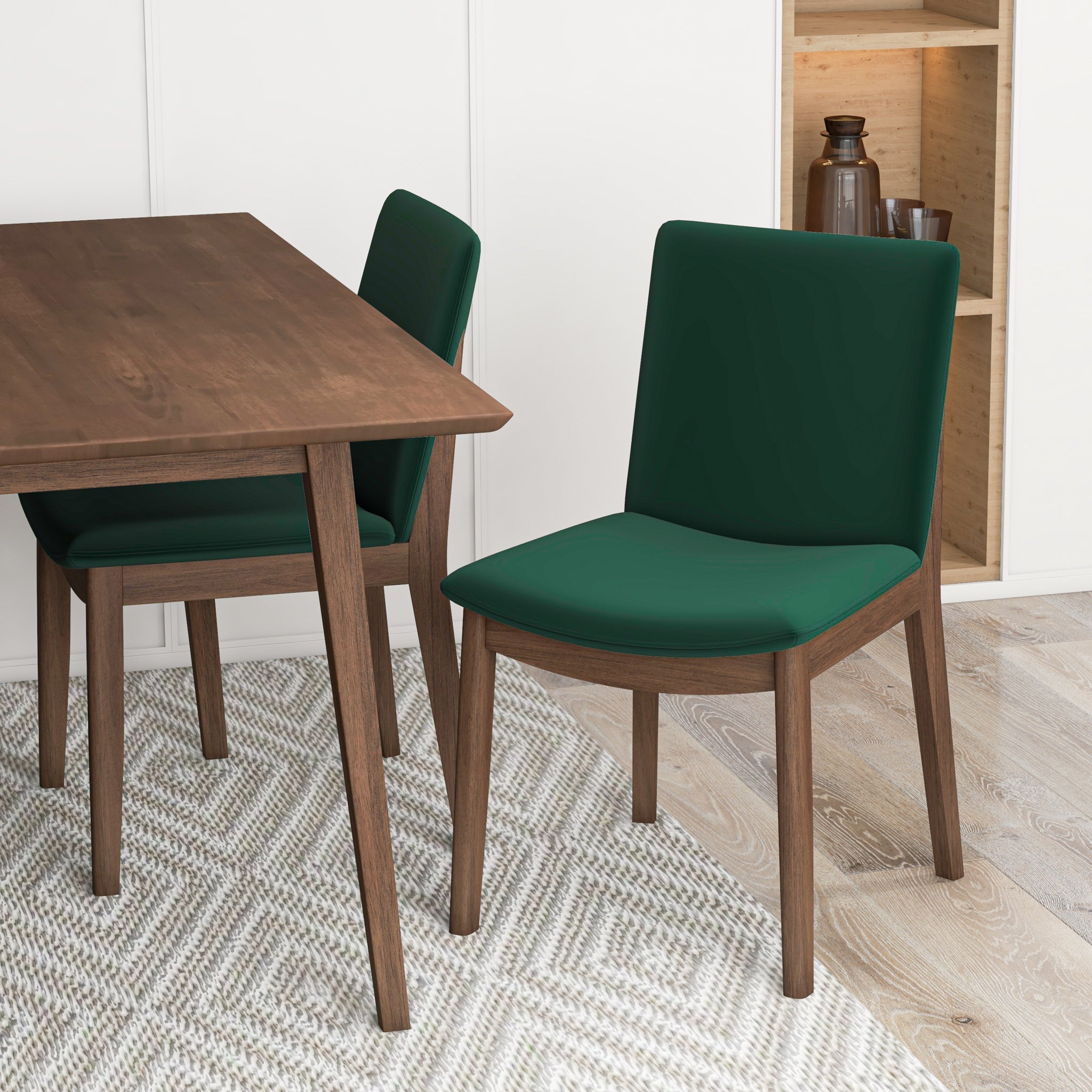 Adira Small Walnut Dining Set with 4 Virginia Green Velvet Dining Chairs