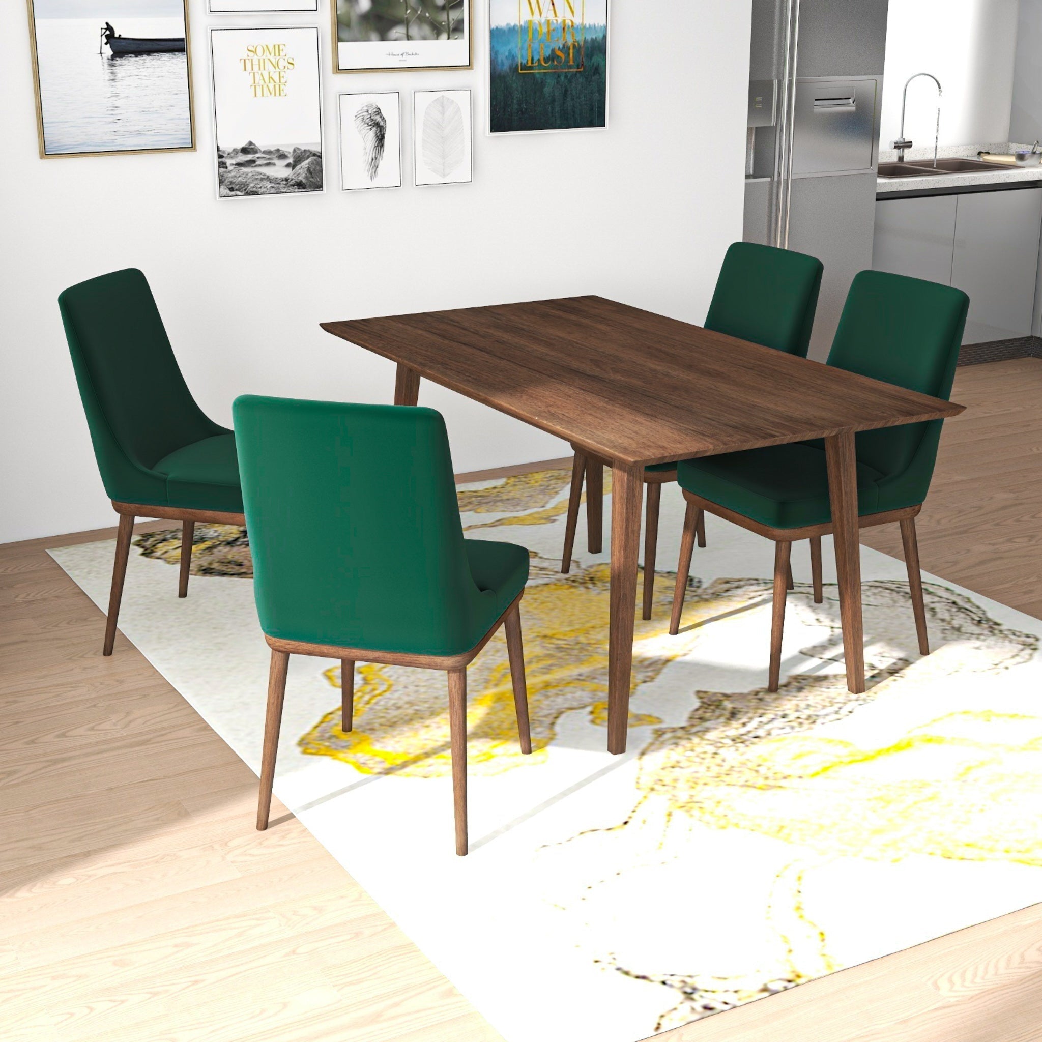 Adira Large Walnut Dining Set with 4 Brighton Green Velvet Dining Chairs