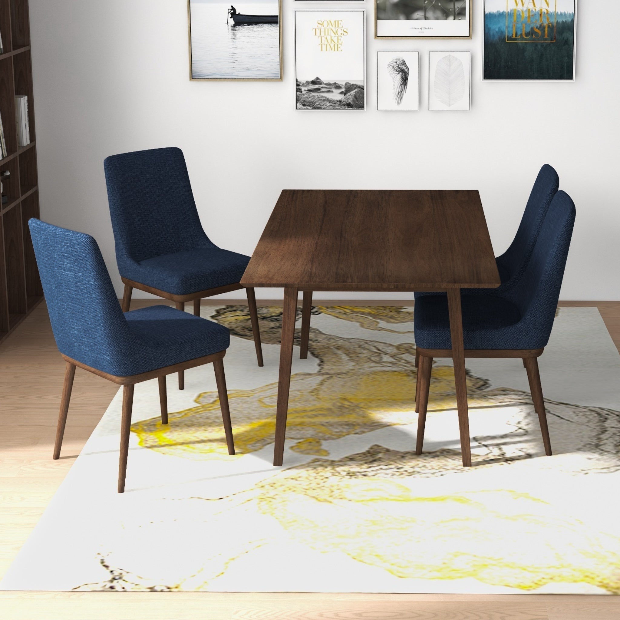 Adira Large Walnut Dining Set with 4 Brighton Navy Blue Dining Chairs