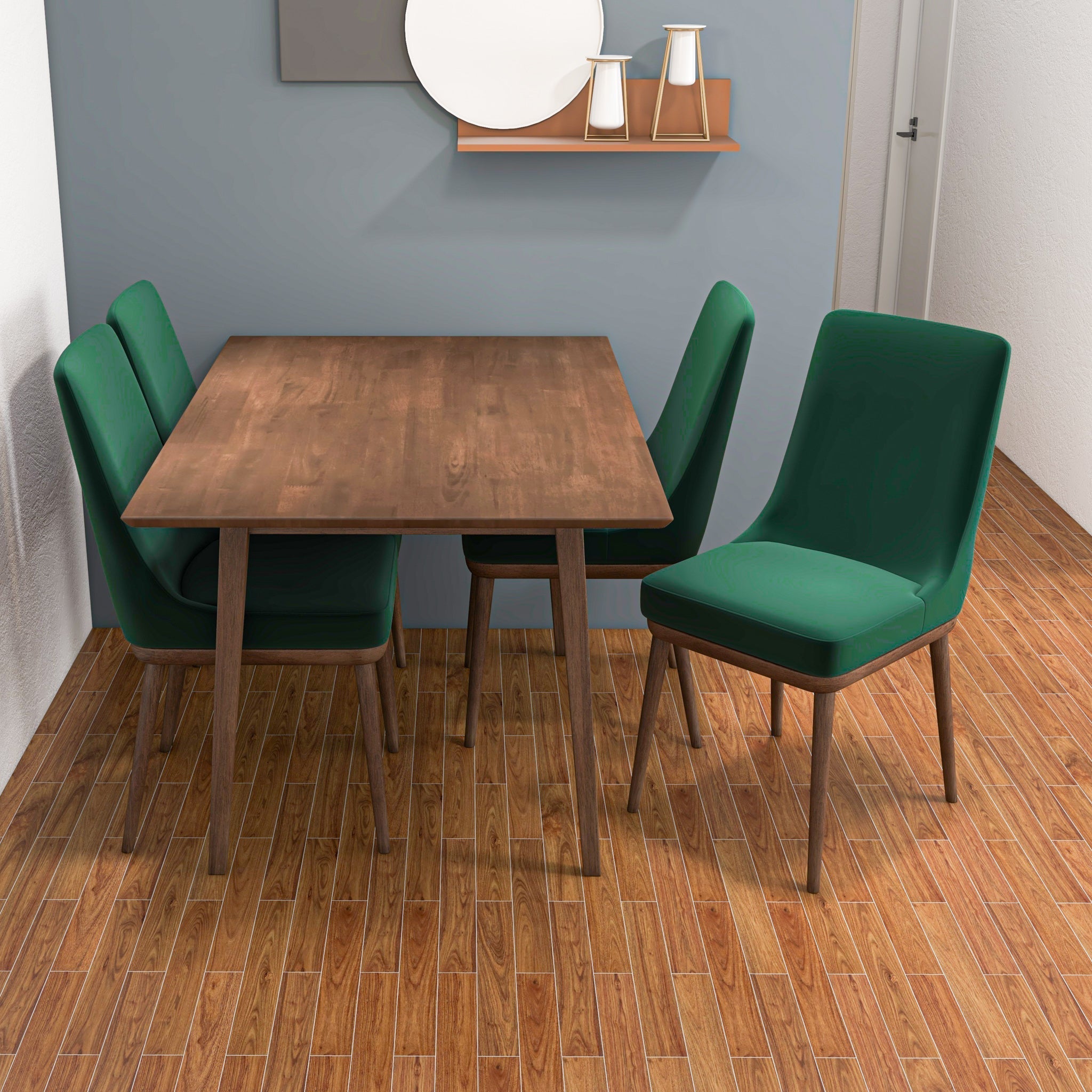 Adira Small Walnut Dining Set with 4 Brighton Green Velvet Dining Chairs