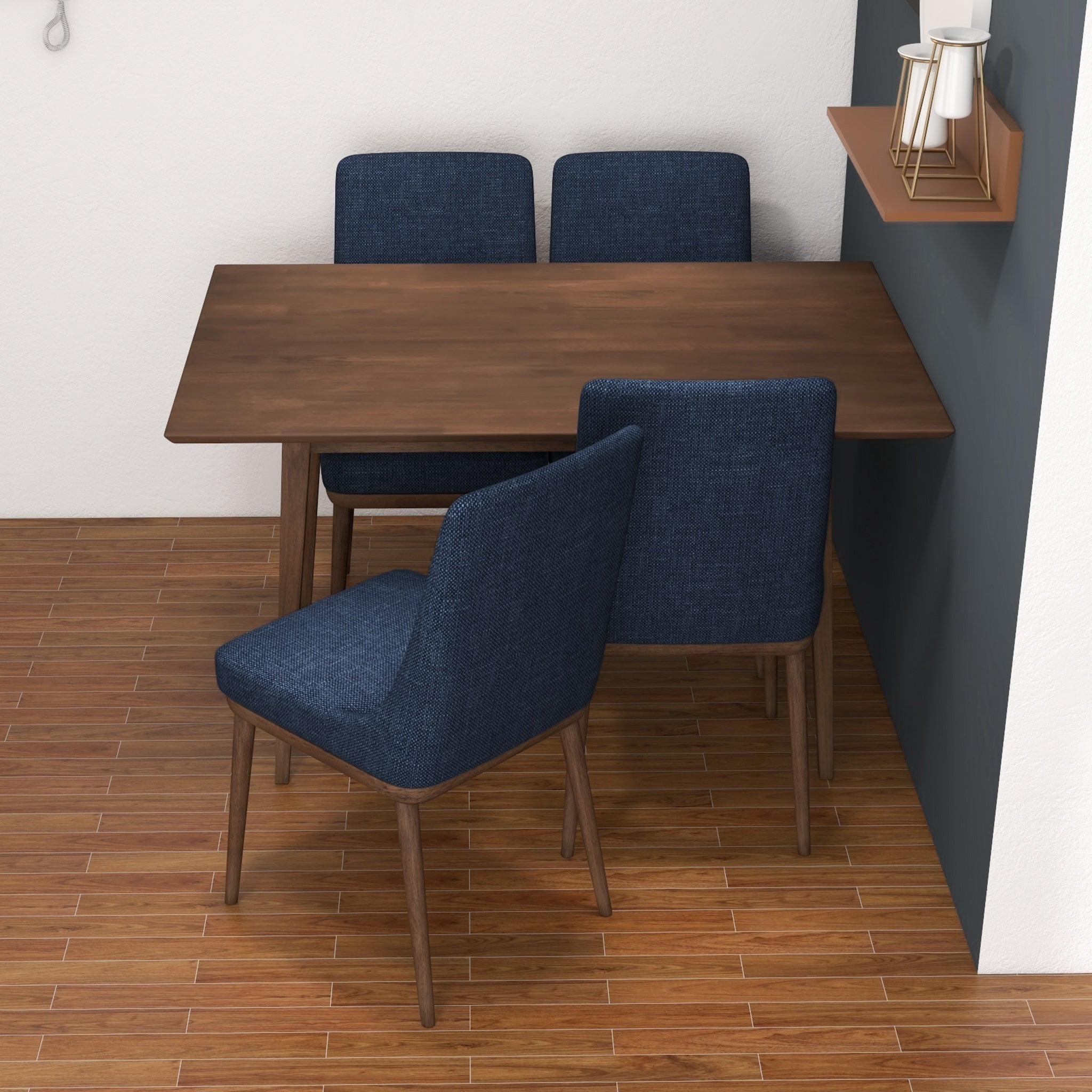 Adira Small Walnut Dining Set with 4 Brighton Navy Blue Dining Chairs