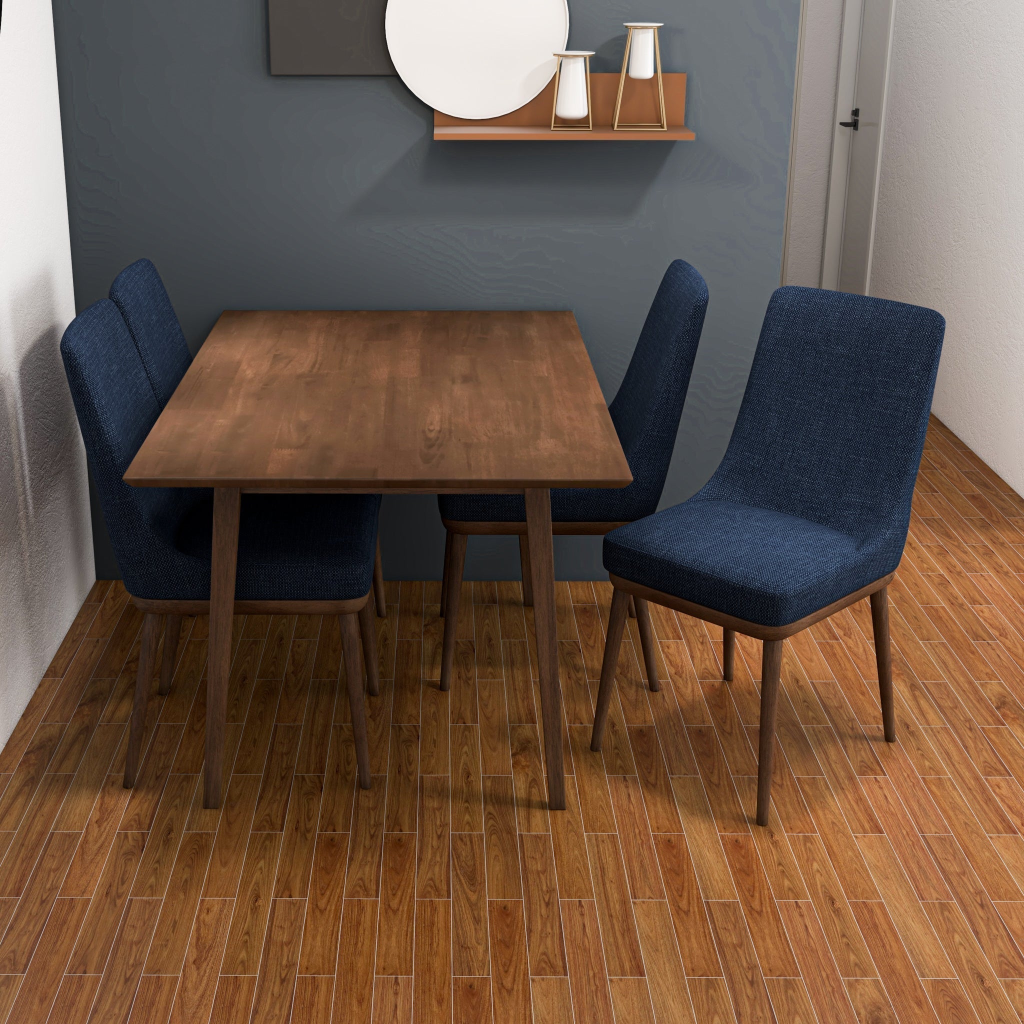 Adira Small Walnut Dining Set with 4 Brighton Navy Blue Dining Chairs