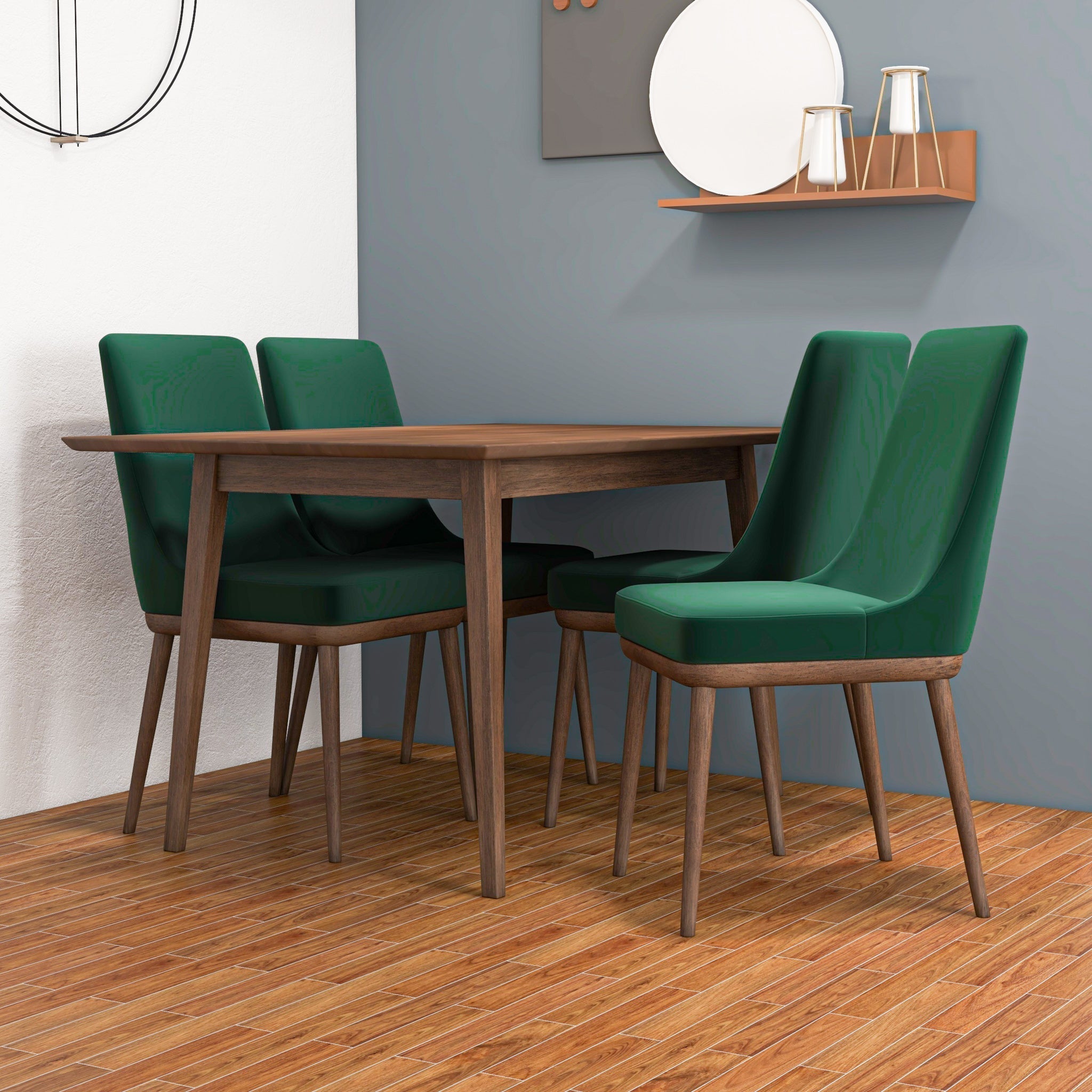 Adira Small Walnut Dining Set with 4 Brighton Green Velvet Dining Chairs