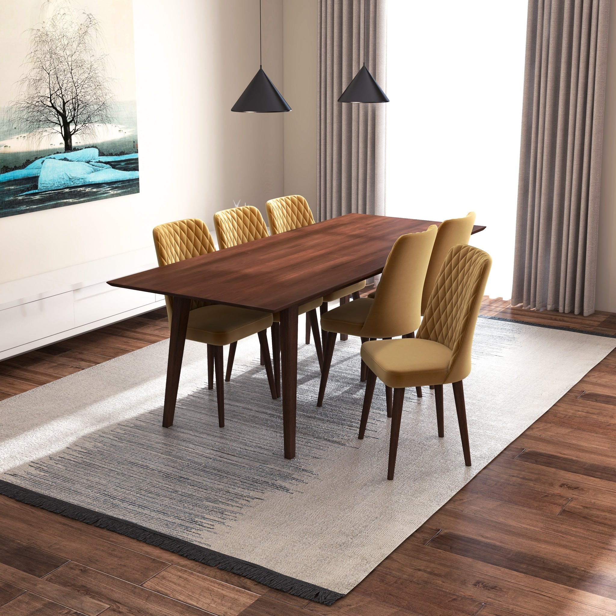 Adira XLarge Walnut Dining Set with 6 Evette Gold Velvet Dining Chairs