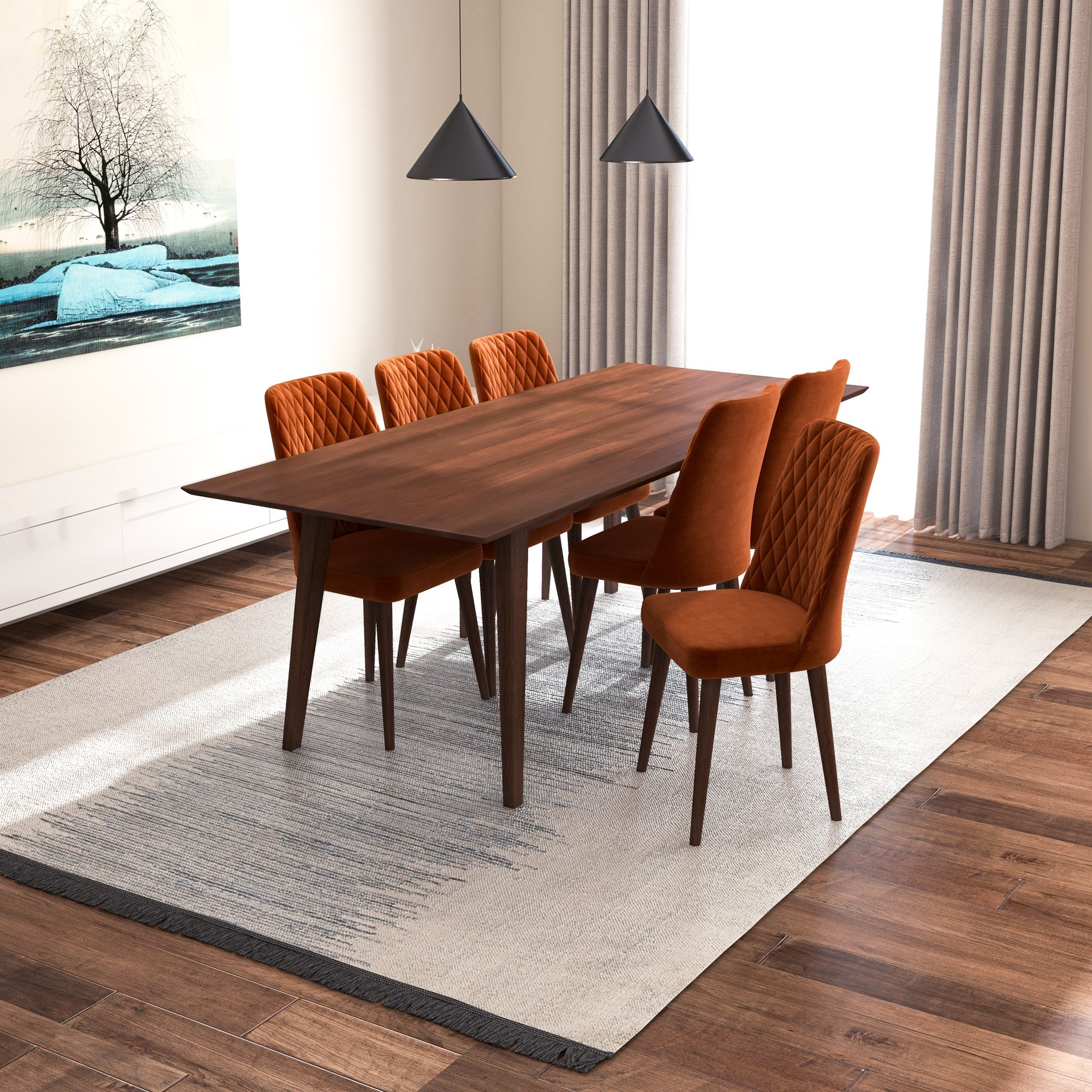 Adira XLarge Walnut Dining Set with 6 Evette Burnt Orange Velvet Dining Chairs