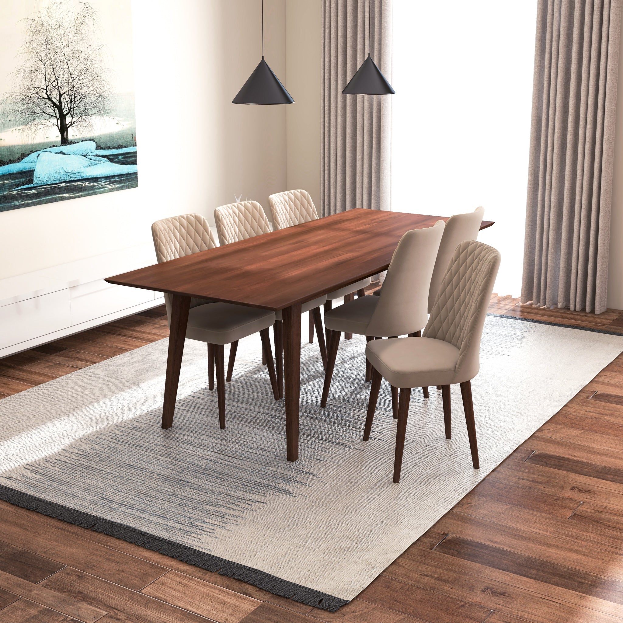 Adira XLarge Walnut Dining Set with 6 Evette Beige Velvet Dining Chairs