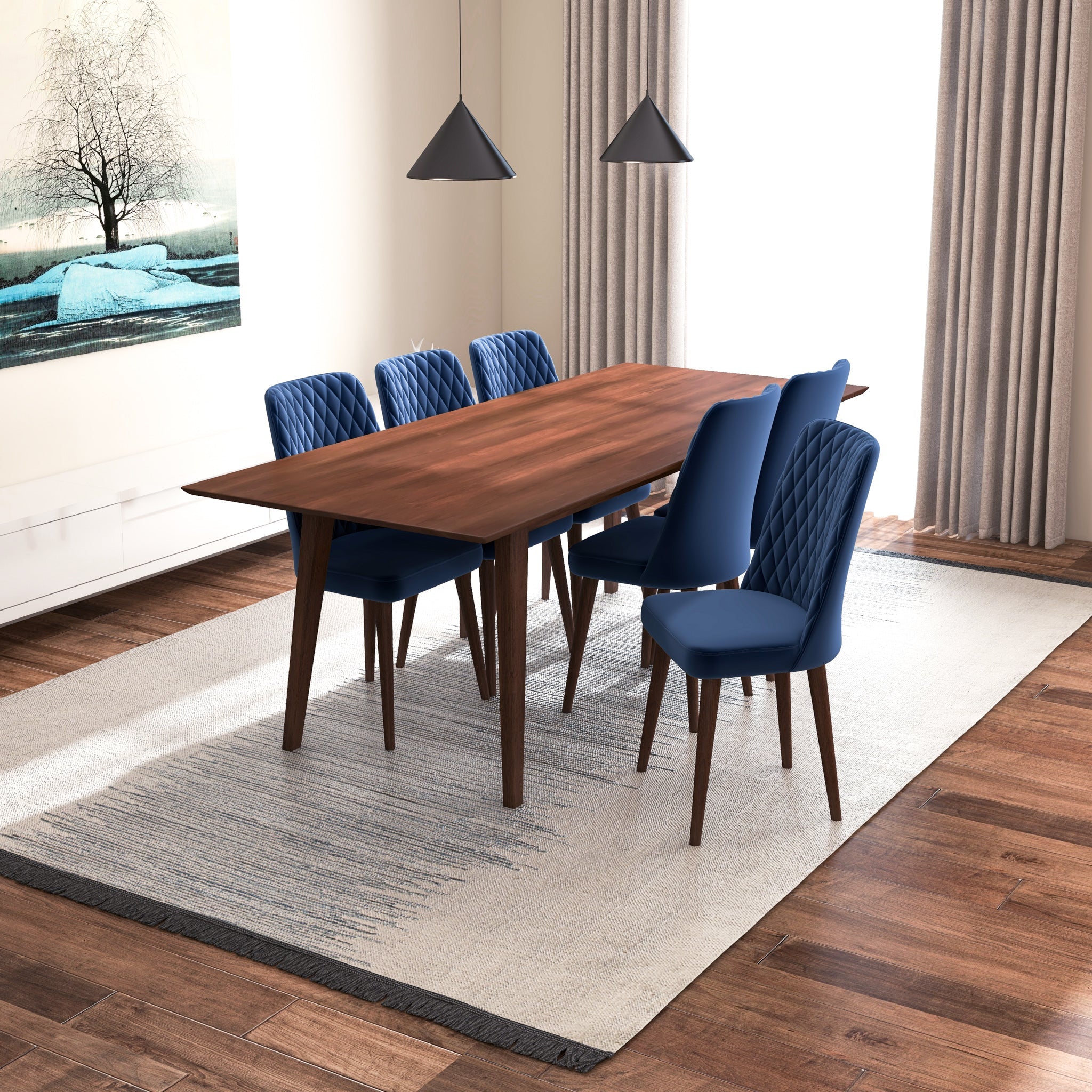 Adira XLarge Walnut Dining Set with 6 Evette Blue Velvet Dining Chairs