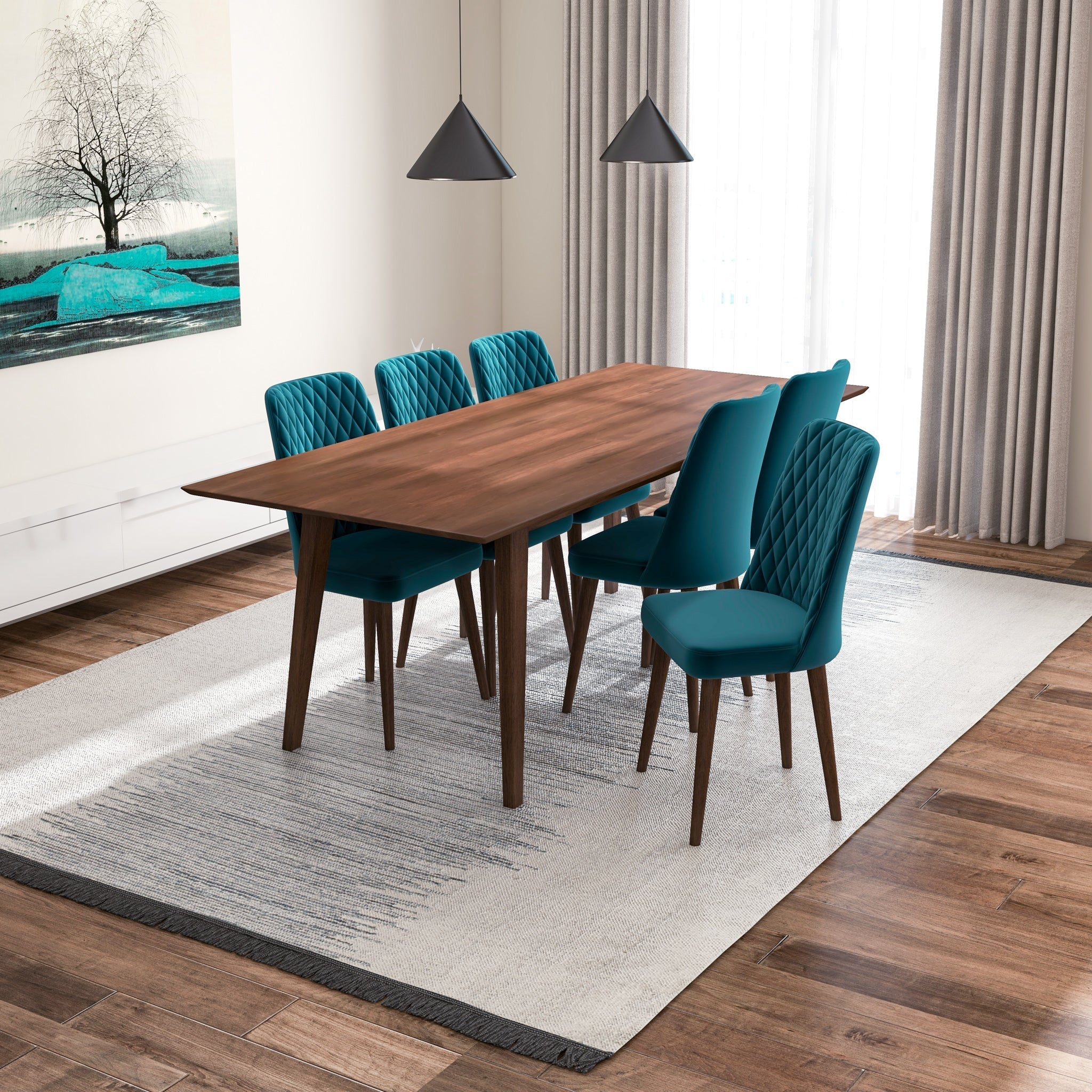 Adira XLarge Walnut Dining Set with 6 Evette Teal Velvet Dining Chairs