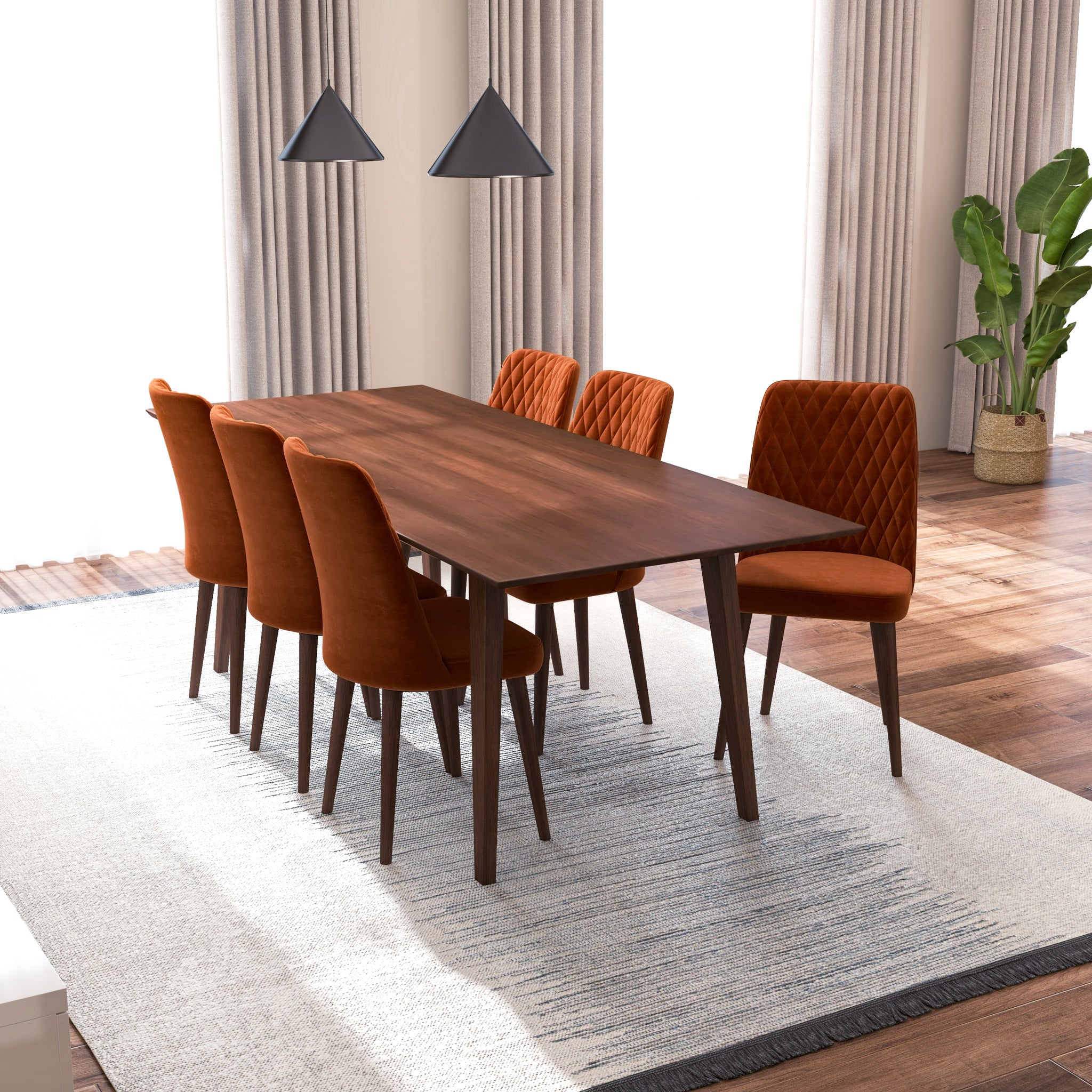 Adira XLarge Walnut Dining Set with 6 Evette Burnt Orange Velvet Dining Chairs