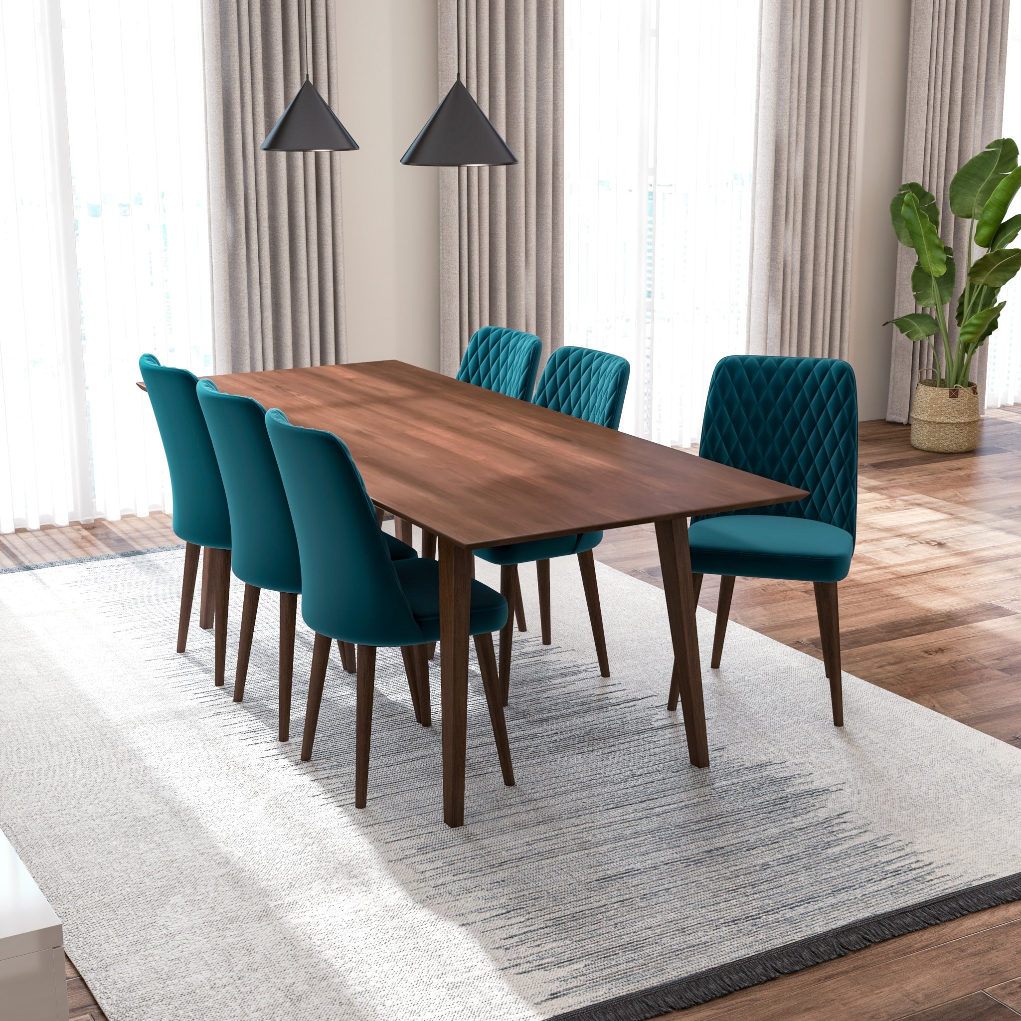 Adira XLarge Walnut Dining Set with 6 Evette Teal Velvet Dining Chairs